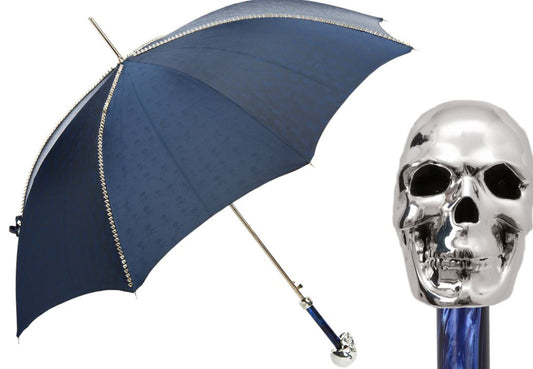 Navy Umbrella with Studs | Silver Skull Handle | Free Shipping