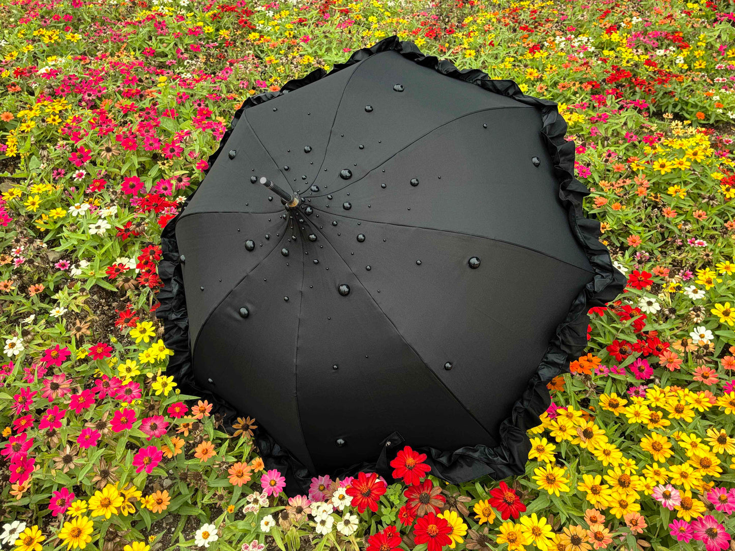Margot Black Pearls and Ruffles Umbrella | Lisbeth Dahl European Pagoda