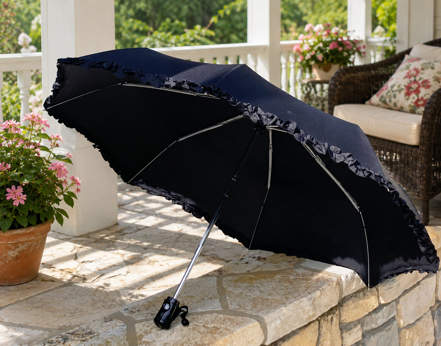 Lisbeth Dahl black folding Umbrella with ruffles | Automatic opening and closing