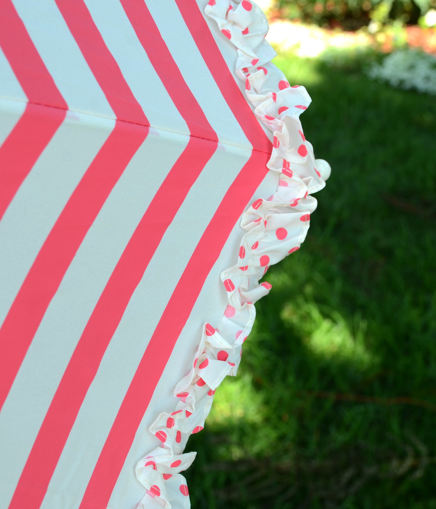 Strong Lisbeth Dahl Umbrella for Girl | Pink Stripes and Polka Dots Ruffles | Designer Accessory for Rain and Sun