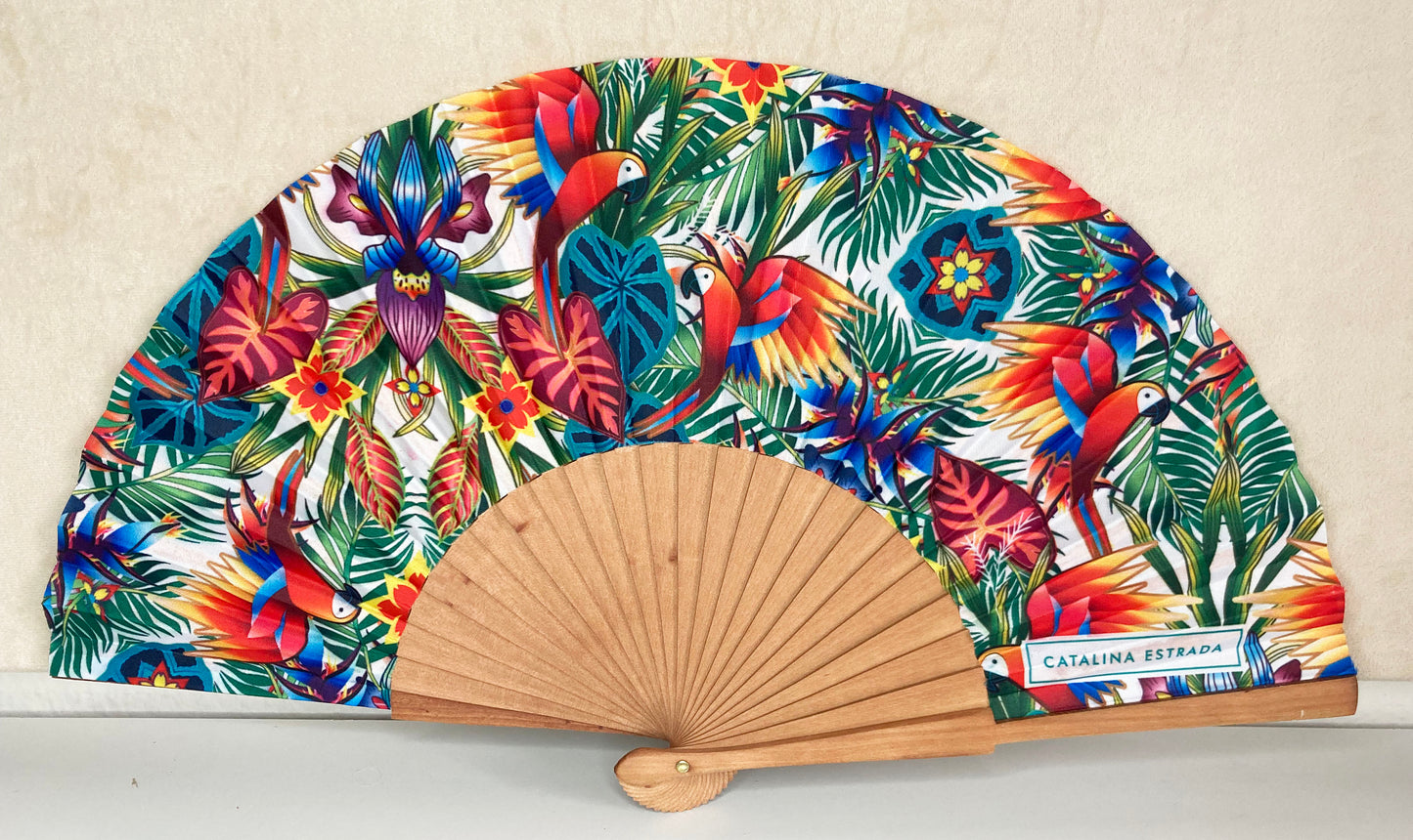 Jungle Macaw White Backdrop Hand Fan | Made in Spain | Catalina Estrada