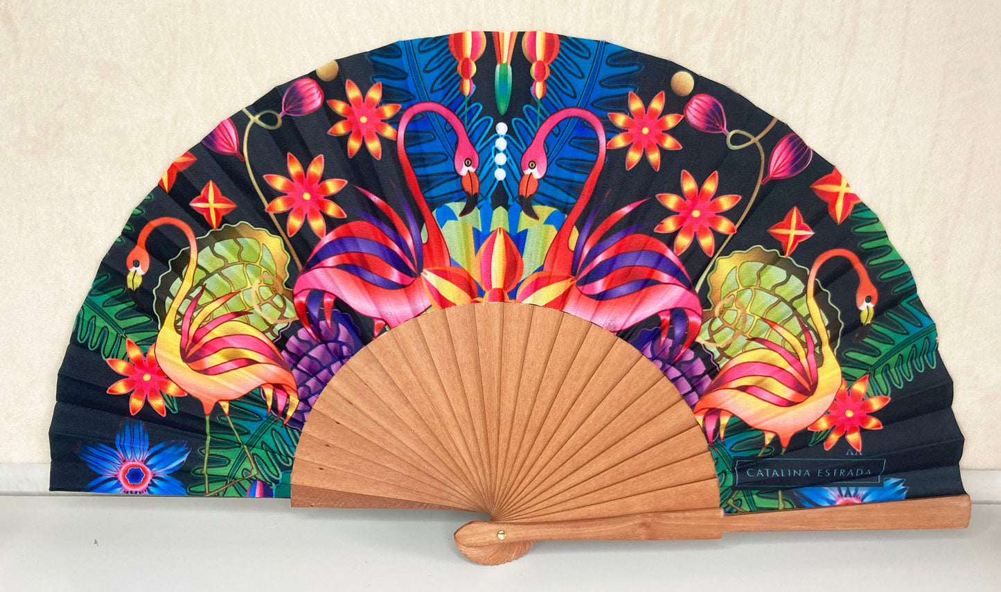 Black Flamingo Hand Fan | Catalina Estrada | Fabric and Cherry Wood
