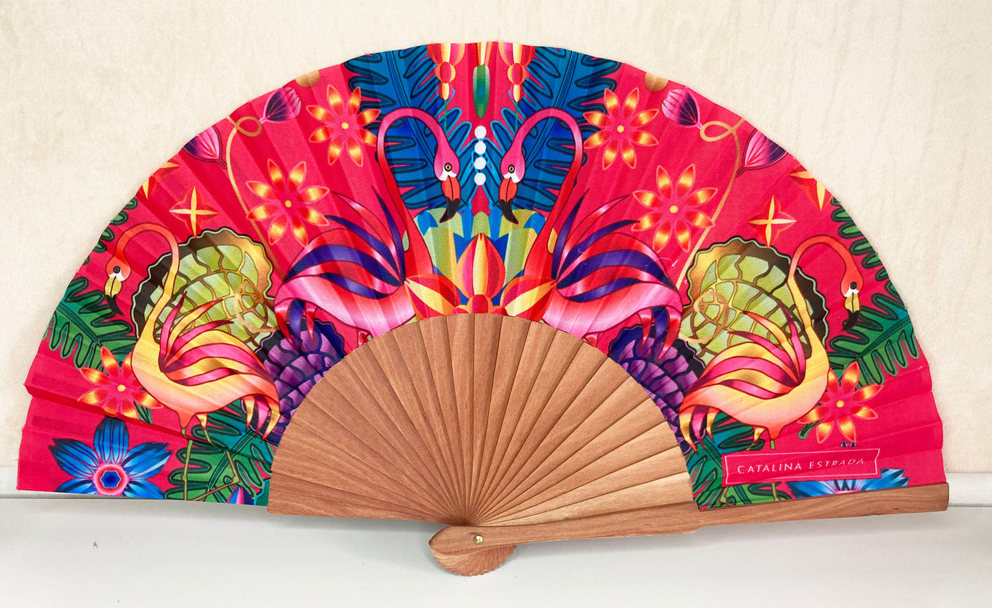 Pink Flamingo Red Backdrop Hand Fan | Made in Spain | Catalina Estrada