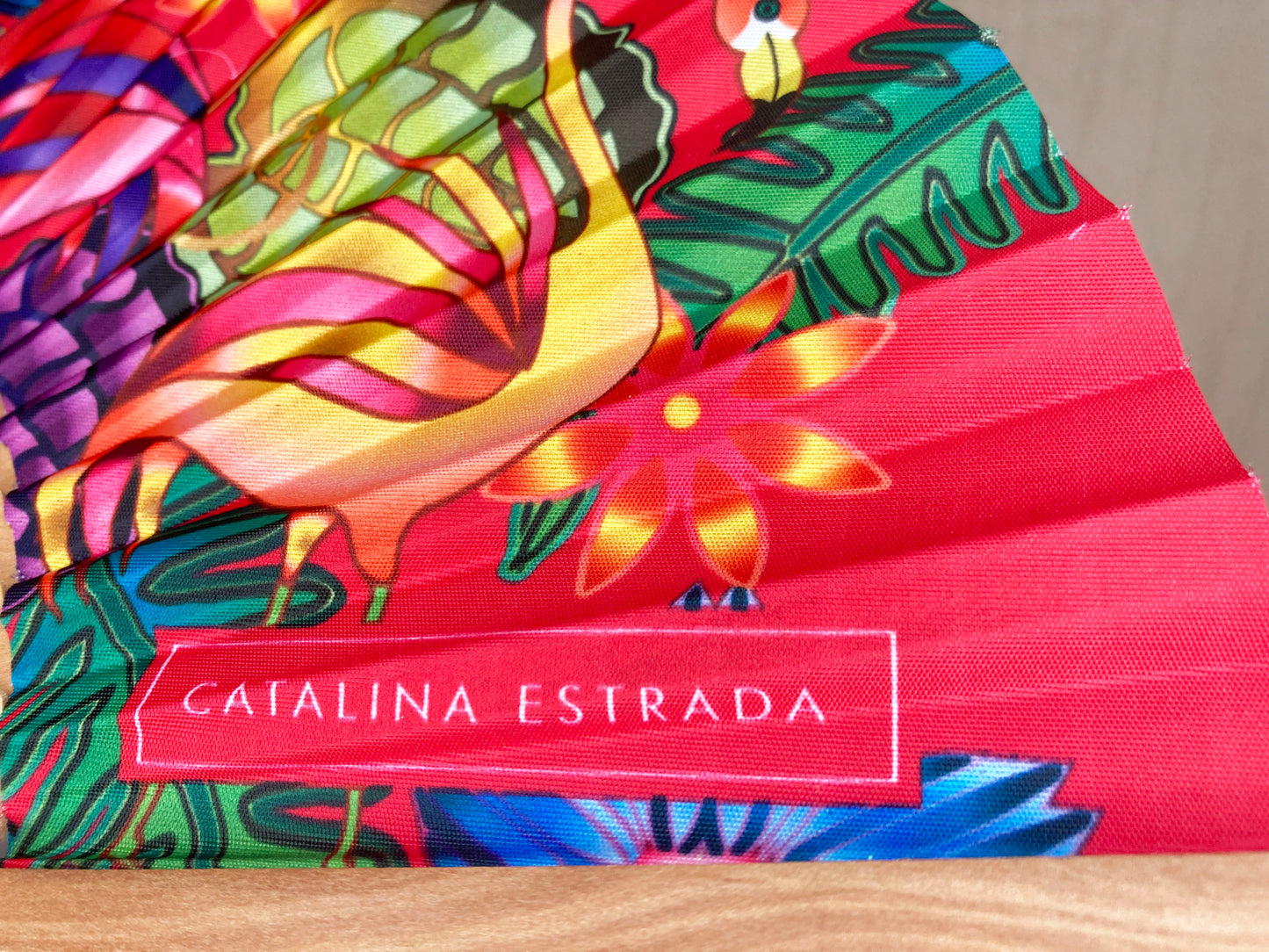 Pink Flamingo Red Backdrop Hand Fan | Made in Spain | Catalina Estrada