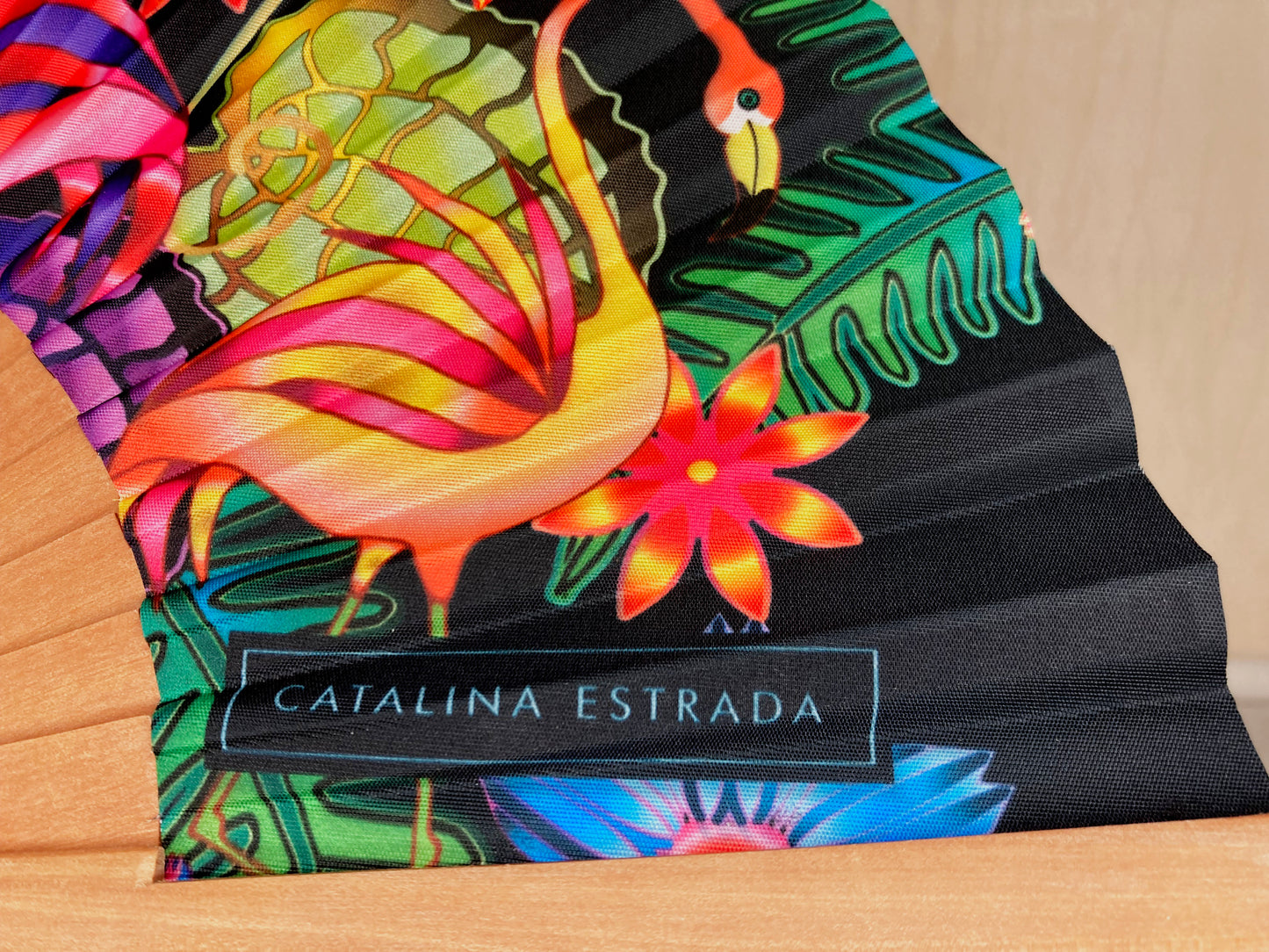 Black Flamingo Hand Fan | Catalina Estrada | Fabric and Cherry Wood