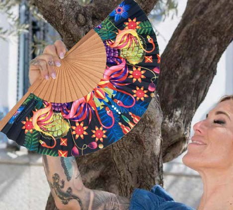 Black Flamingo Hand Fan | Catalina Estrada | Fabric and Cherry Wood