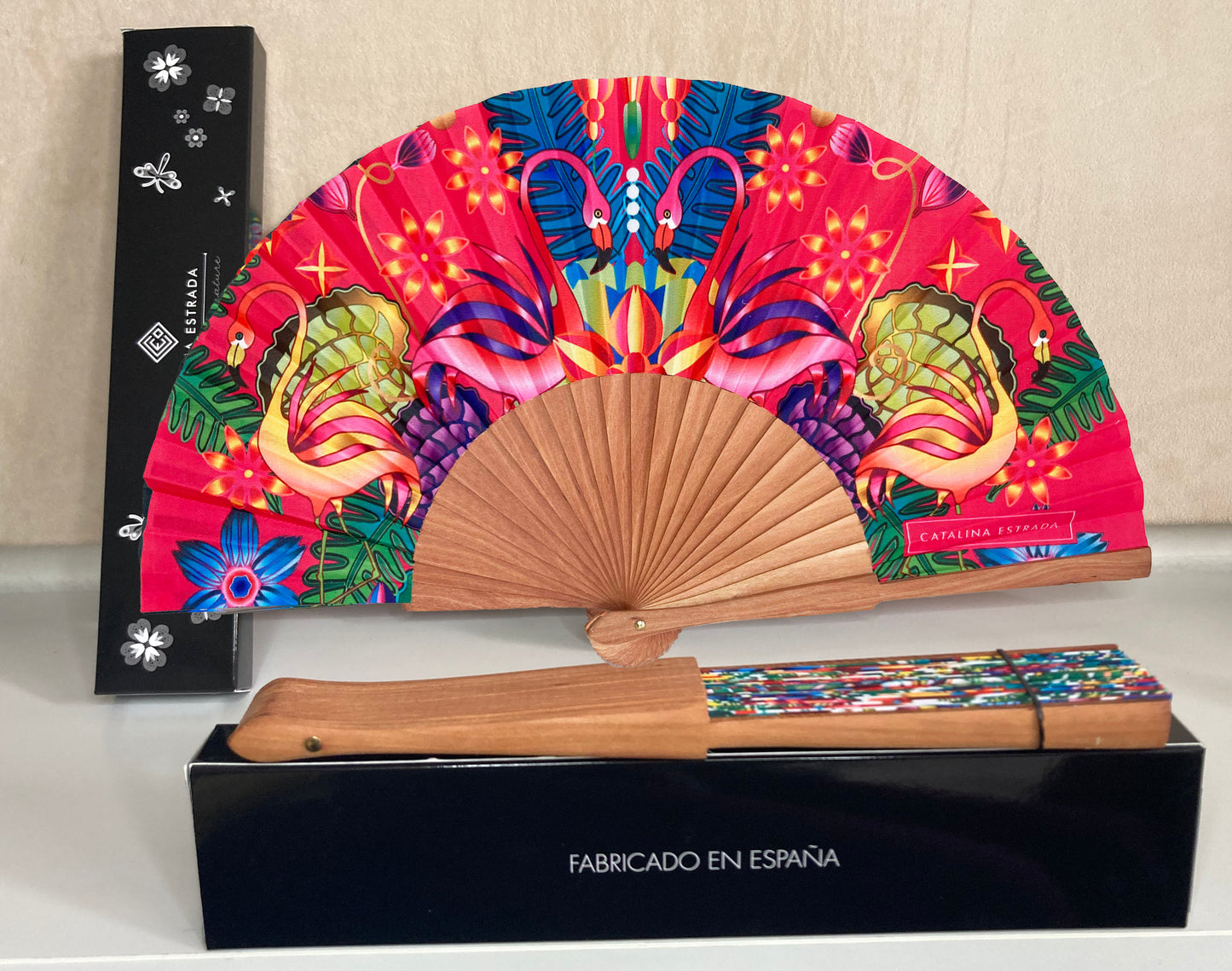 Pink Flamingo Red Backdrop Hand Fan | Made in Spain | Catalina Estrada