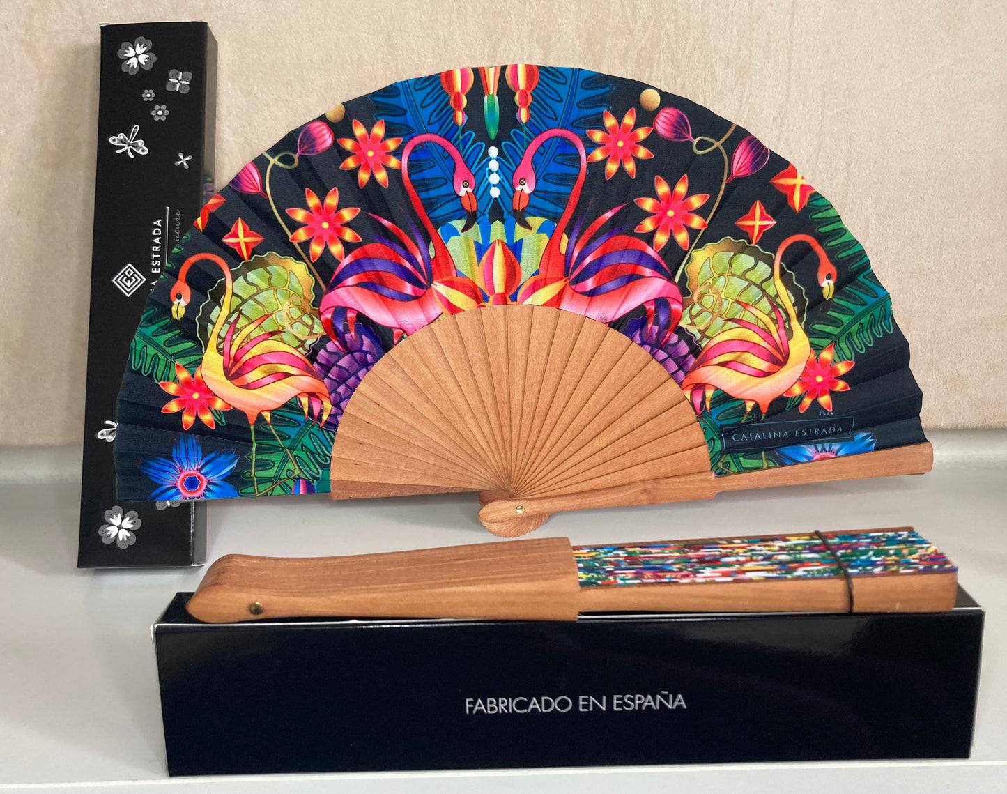 Black Flamingo Hand Fan | Catalina Estrada | Fabric and Cherry Wood