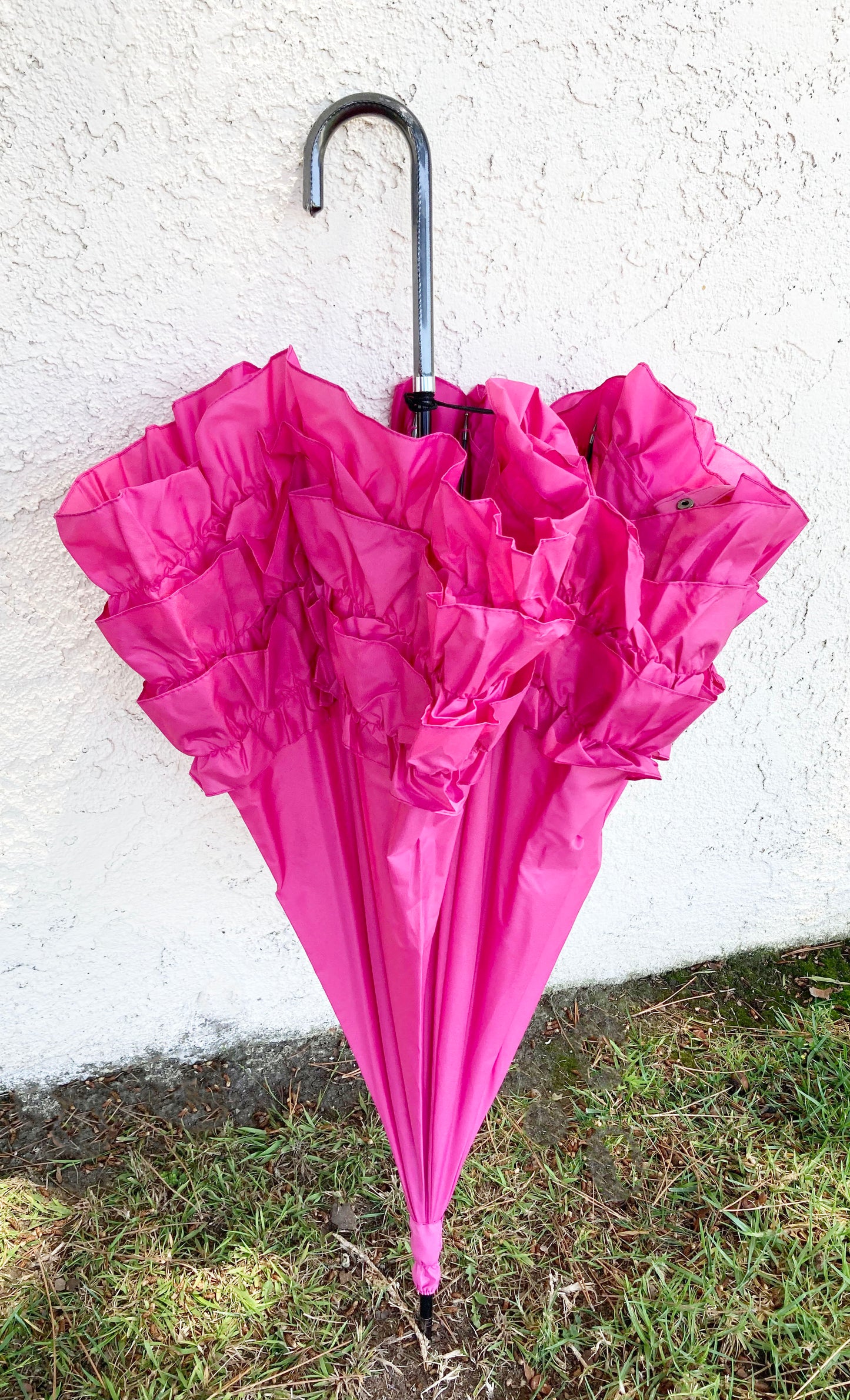 Frilly Pink Umbrella | Large Dome 3 Row Pink Ruffles