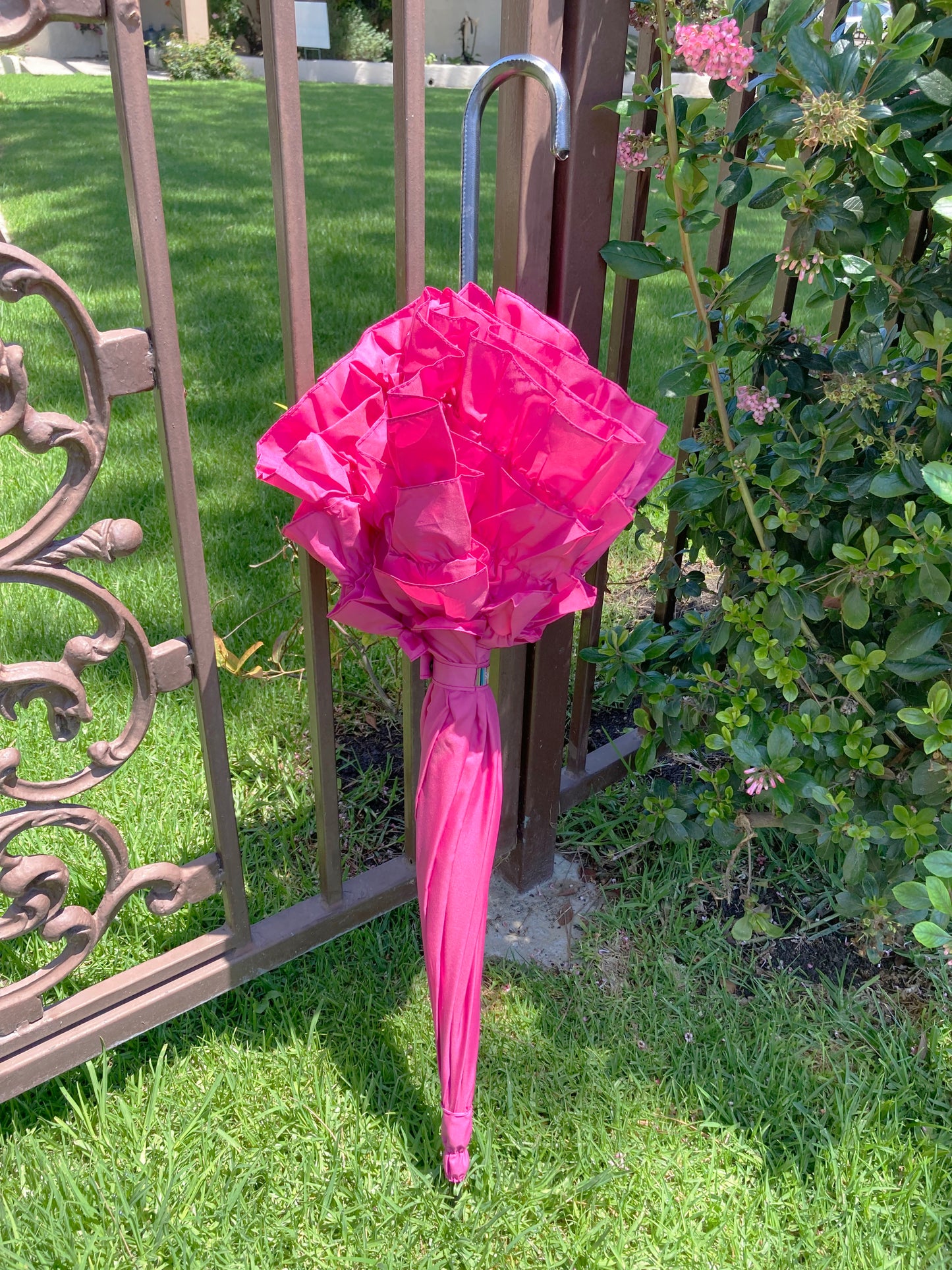 Frilly Pink Umbrella | Large Dome 3 Row Pink Ruffles