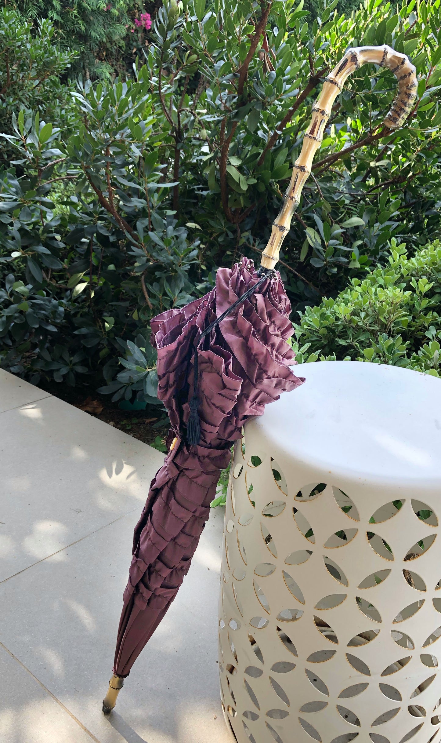 Full Frill Plum Umbrella | Faux Bamboo Handle | Large Canopy