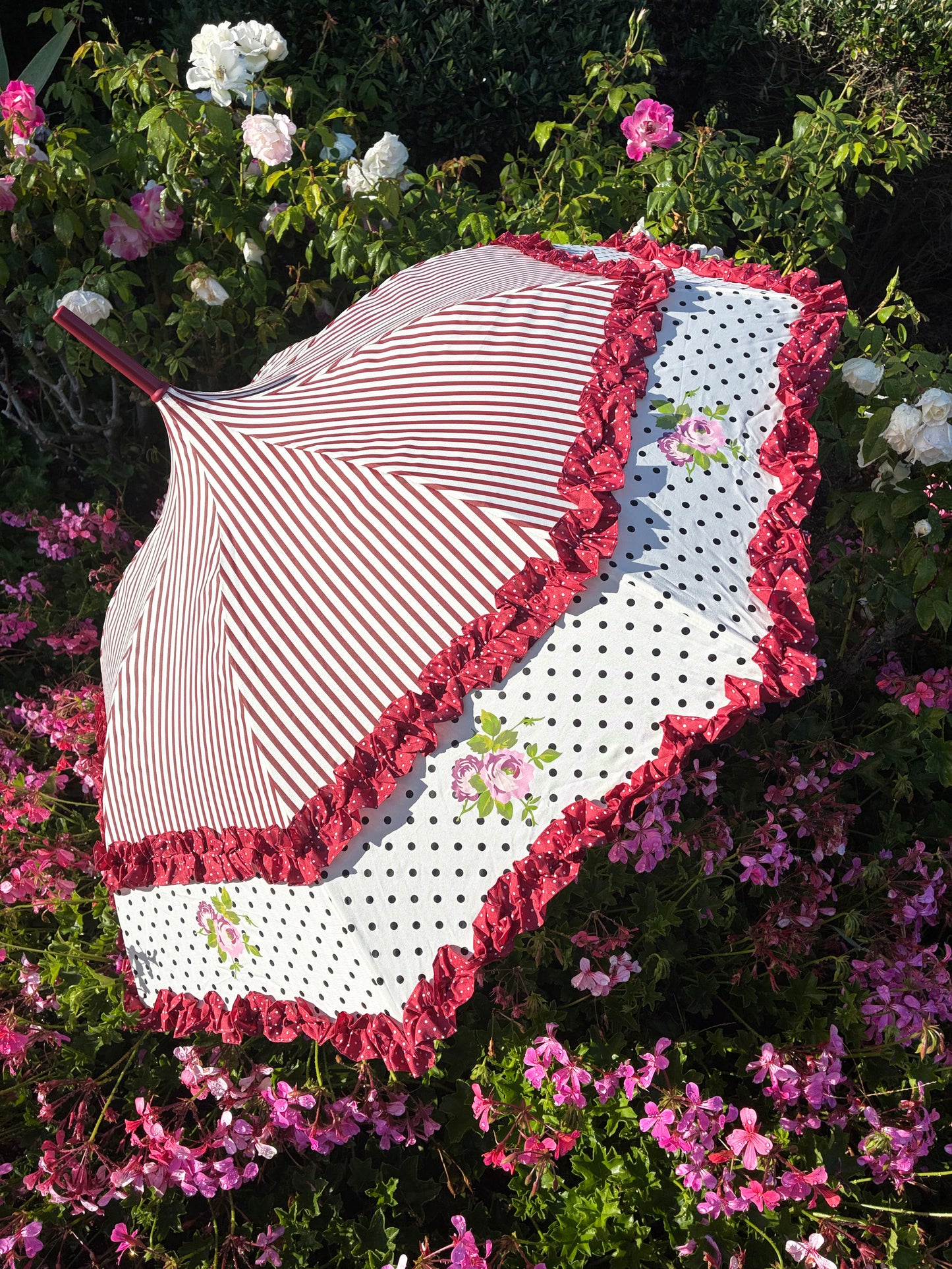 Burgundy Rose Design | Double Frill | Stripes and Polka Dots