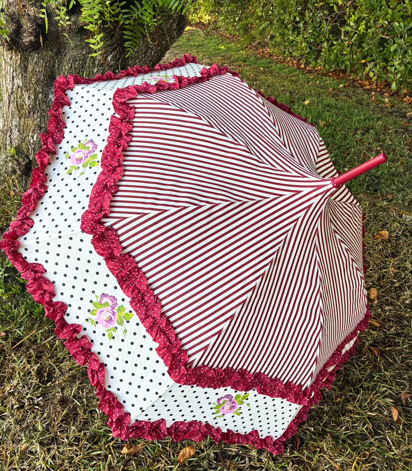 Burgundy Rose Design | Double Frill | Stripes and Polka Dots