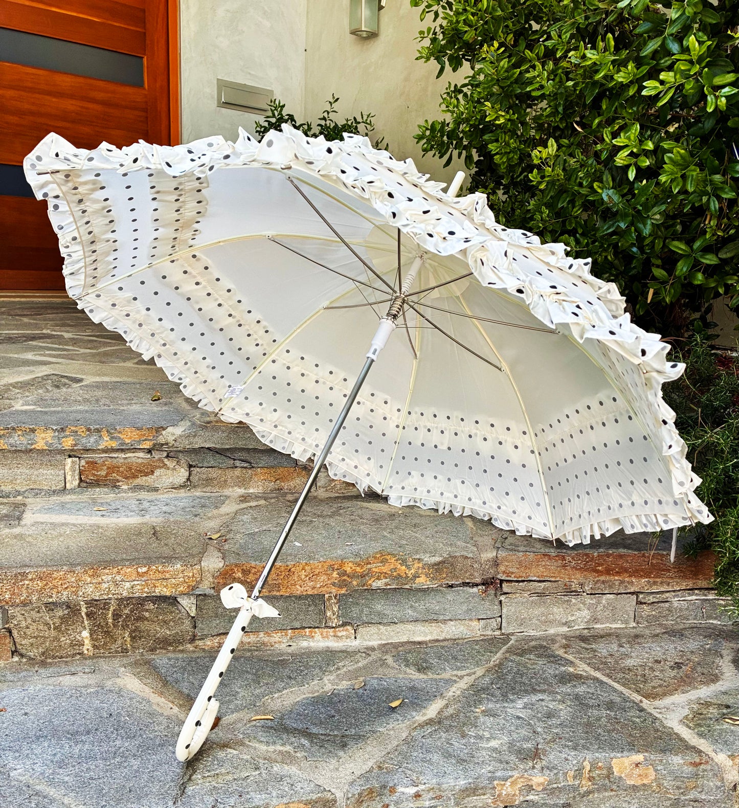 Polka Dots and Frill Umbrella | Pagoda Shaped Canopy | One Year Warranty