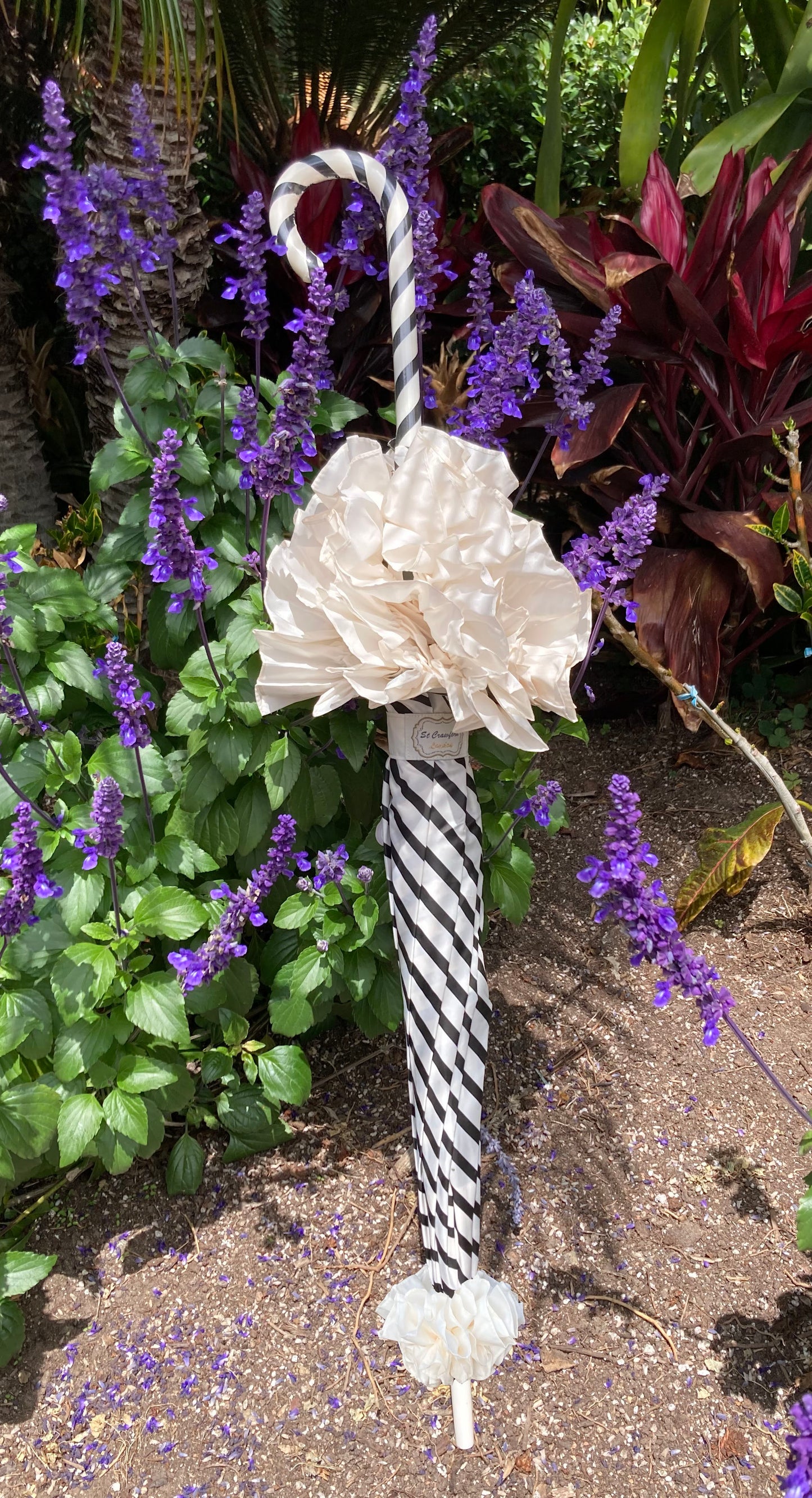 Stripes and Ruffles Umbrella | Cream Ruffle Topper | Fabric Cover Handle