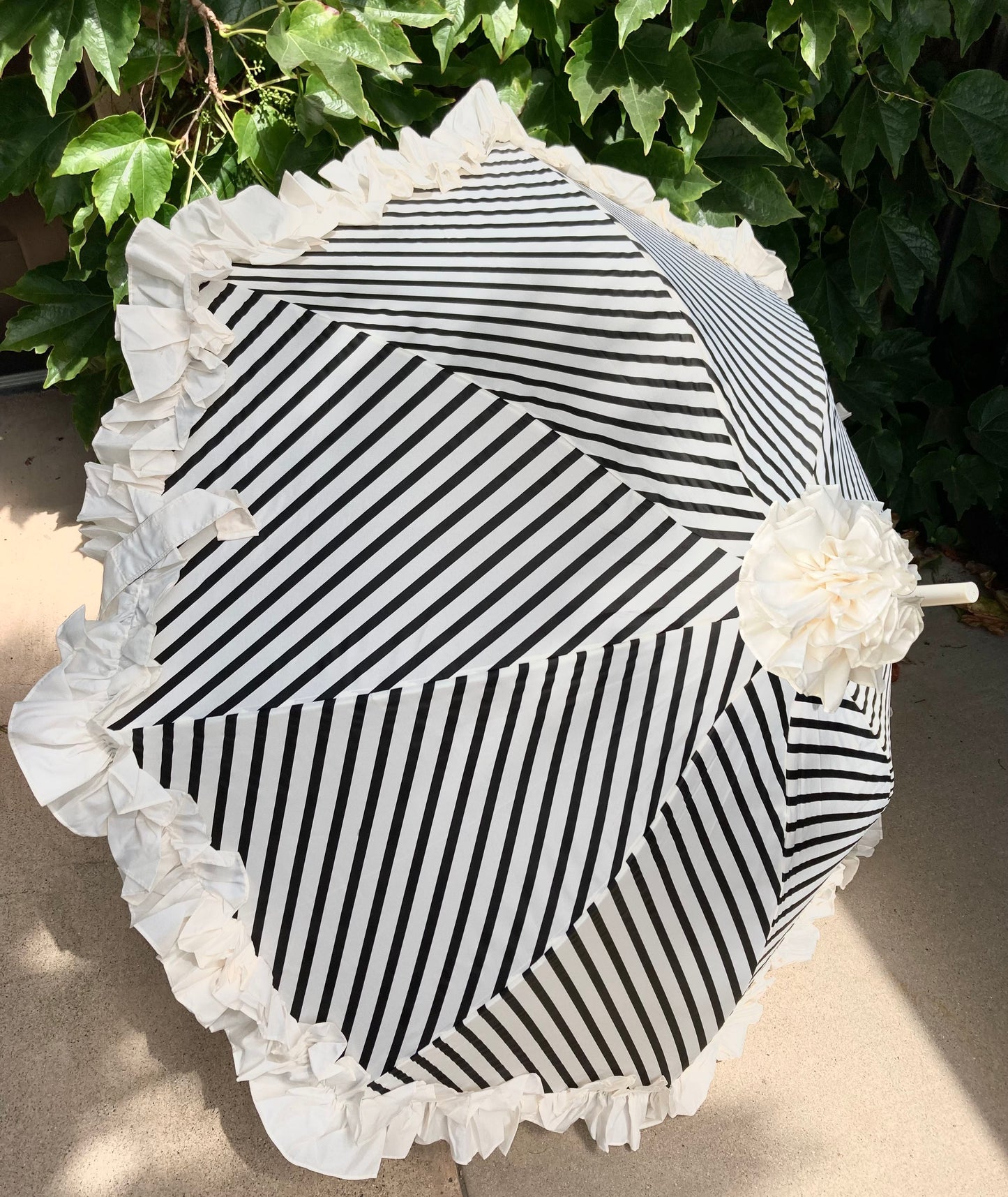Stripes and Ruffles Umbrella | Cream Ruffle Topper | Fabric Cover Handle
