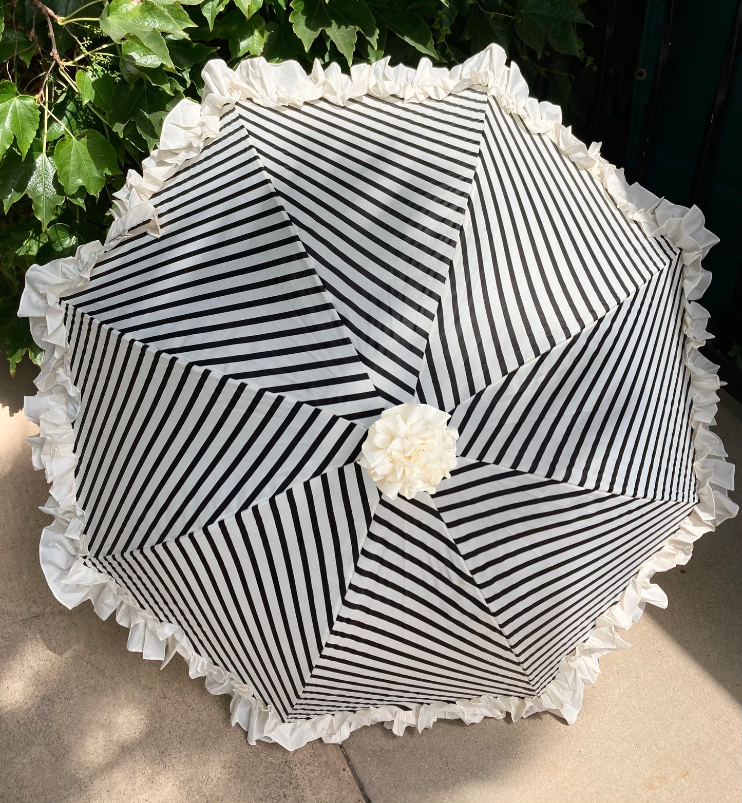 Stripes and Ruffles Umbrella | Cream Ruffle Topper | Fabric Cover Handle