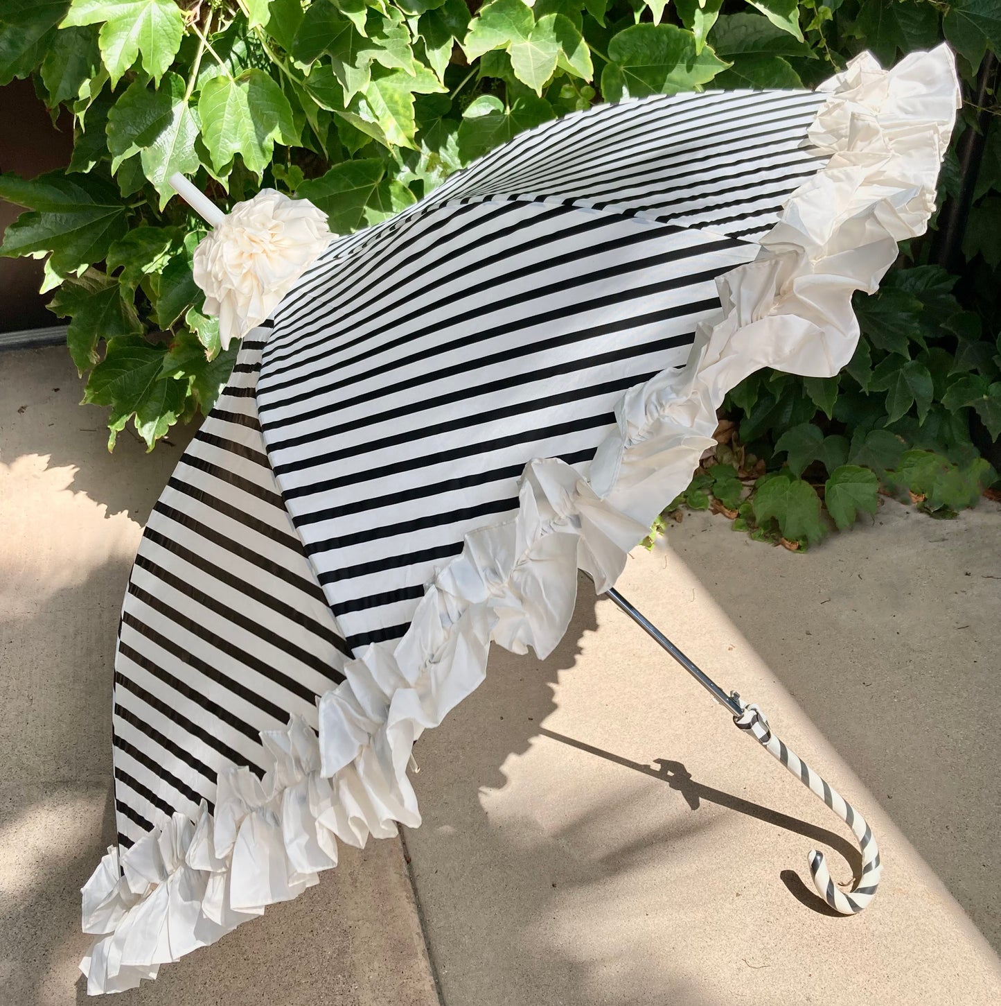 Stripes and Ruffles Umbrella | Cream Ruffle Topper | Fabric Cover Handle