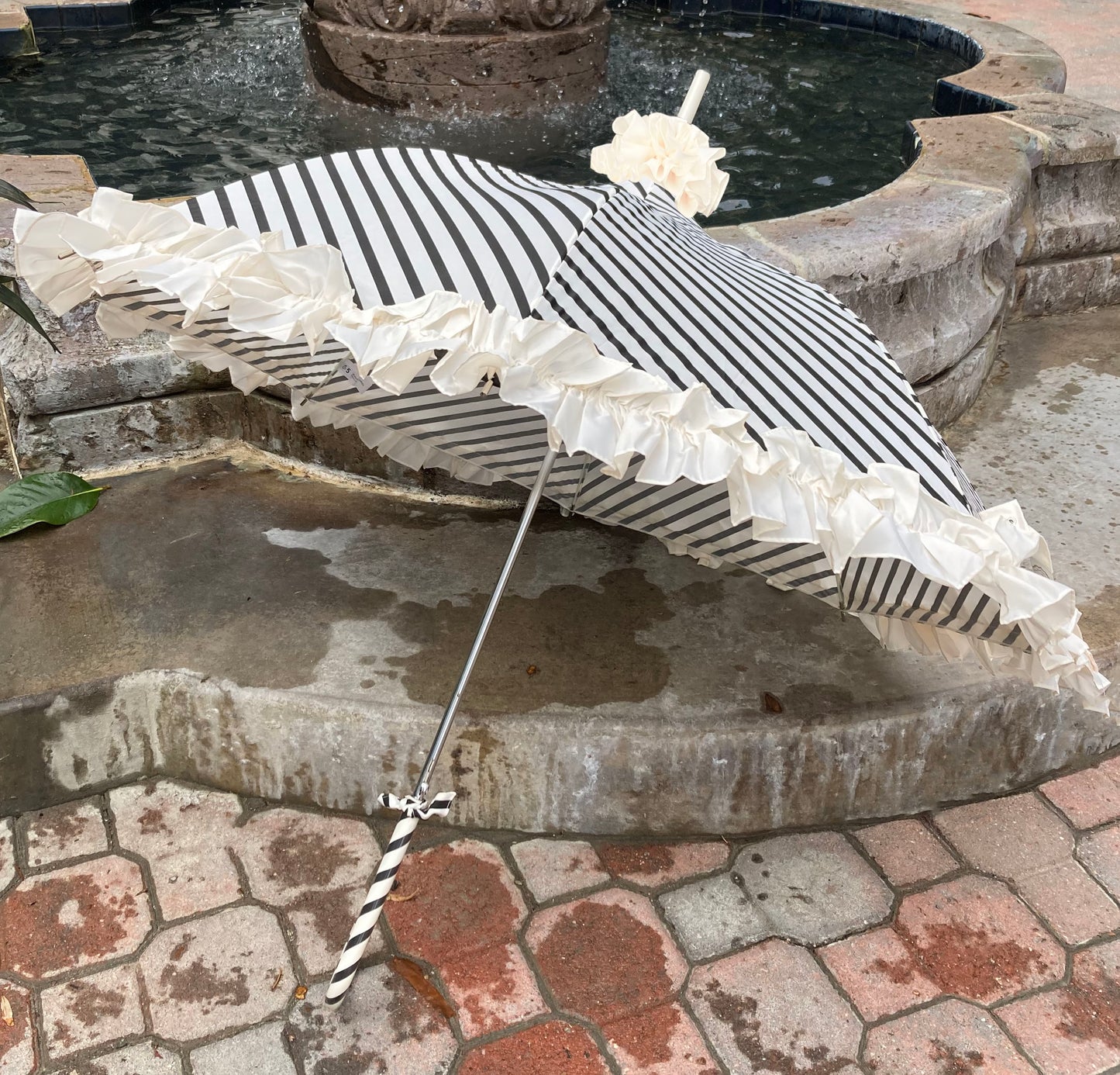Stripes and Ruffles Umbrella | Cream Ruffle Topper | Fabric Cover Handle