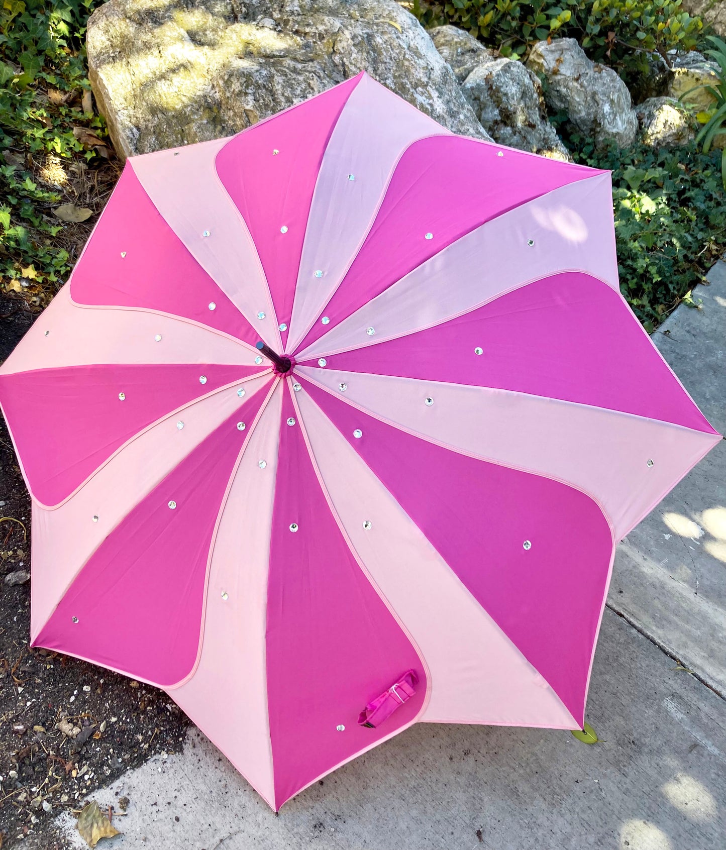 Pink Swirl Umbrella With Large Clear Rhinestones | Handmade for Rain and Sun protection
