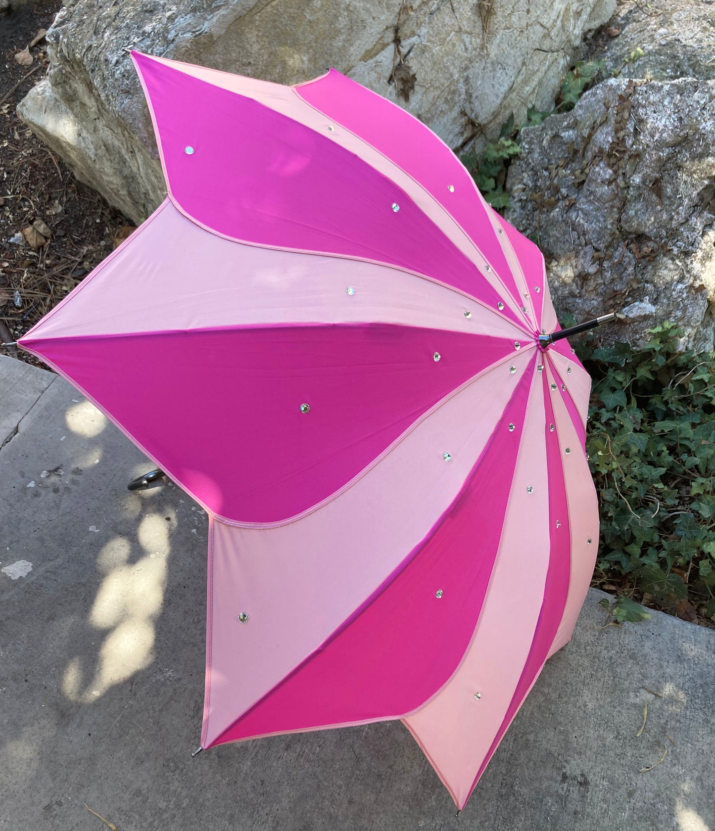 Pink Swirl Umbrella With Large Clear Rhinestones | Handmade for Rain and Sun protection