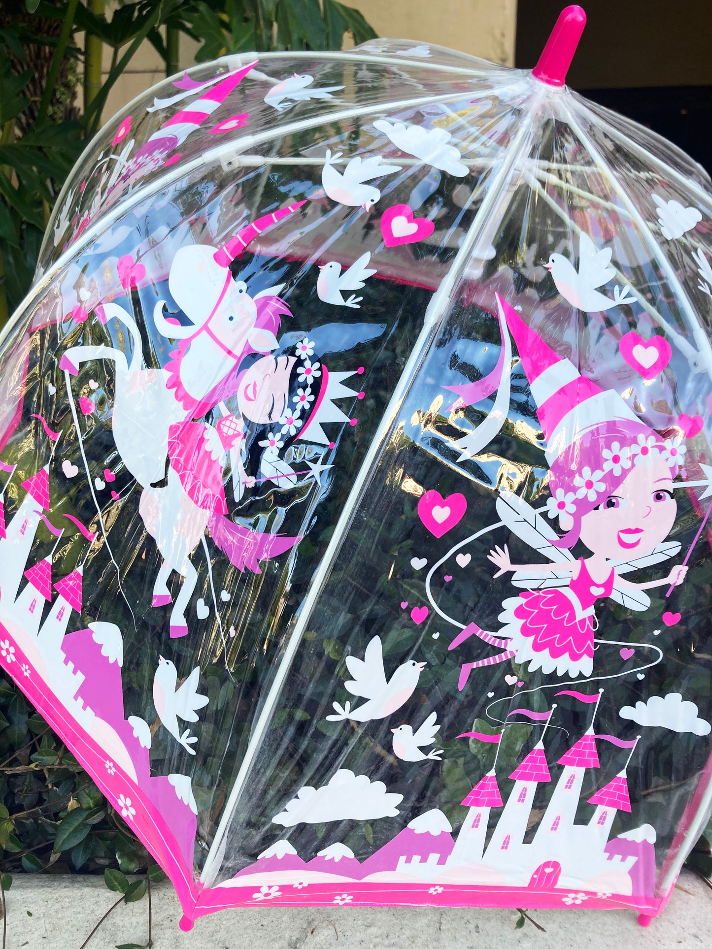 Bugzz® Clear Unicorn and Fairies Umbrella | Girl Pink Bubble Rain Accessory | Flexible Fiberglass Ribs
