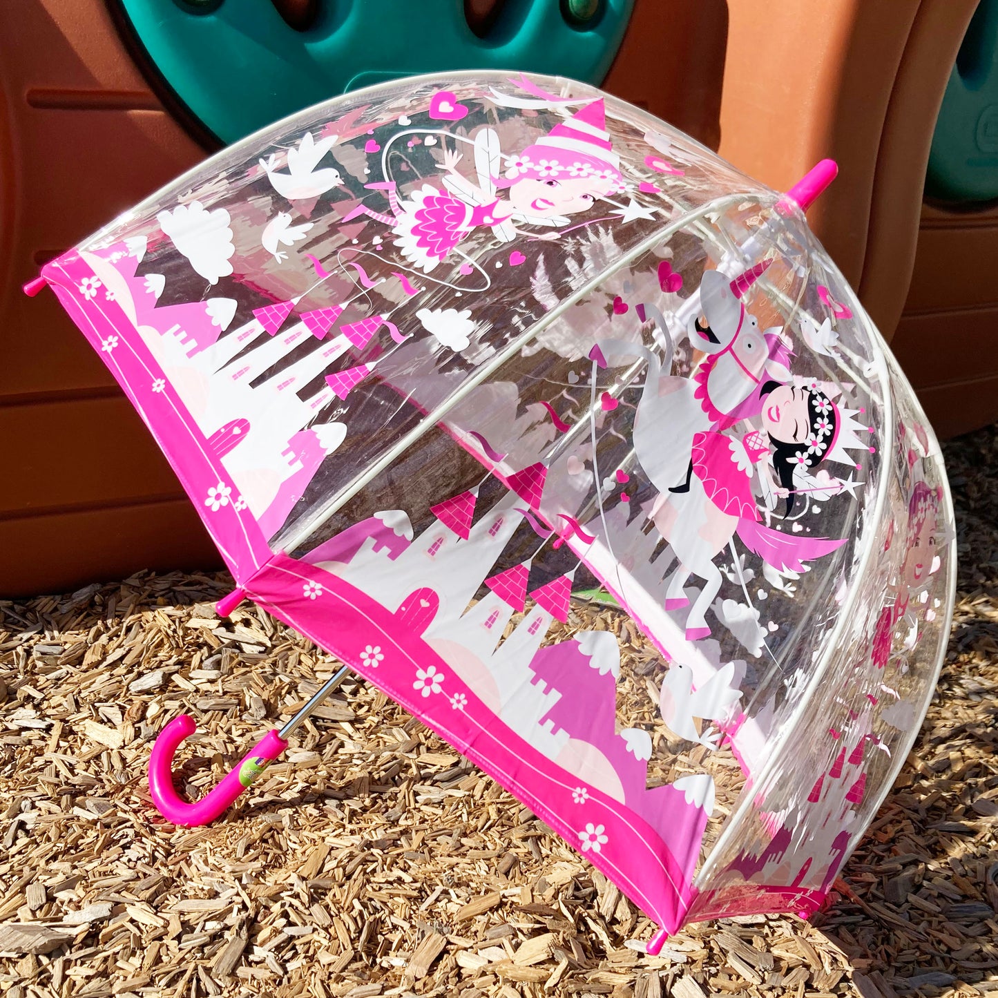 Bugzz® Clear Unicorn and Fairies Umbrella | Girl Pink Bubble Rain Accessory | Flexible Fiberglass Ribs