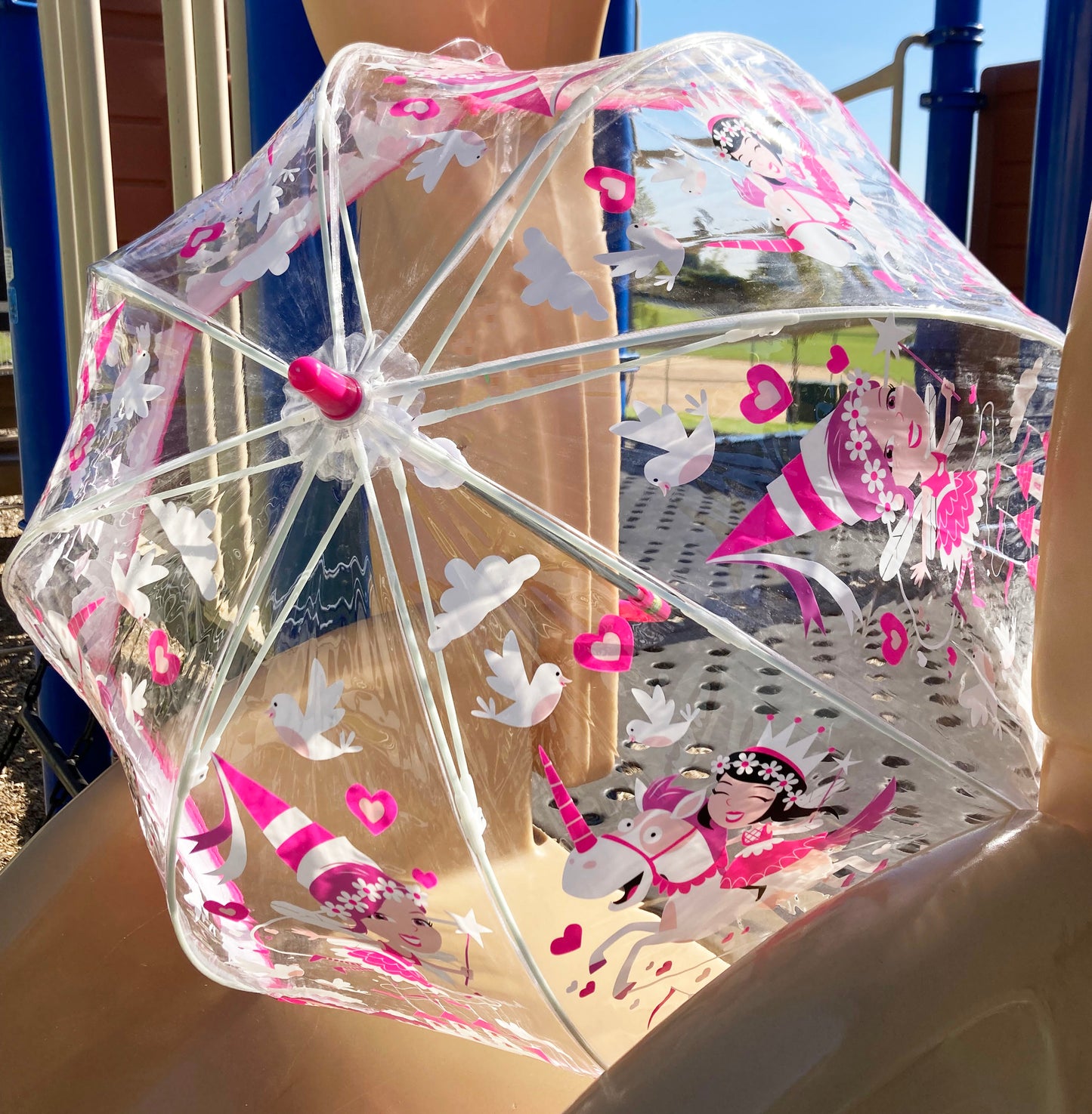 Bugzz® Clear Unicorn and Fairies Umbrella | Girl Pink Bubble Rain Accessory | Flexible Fiberglass Ribs