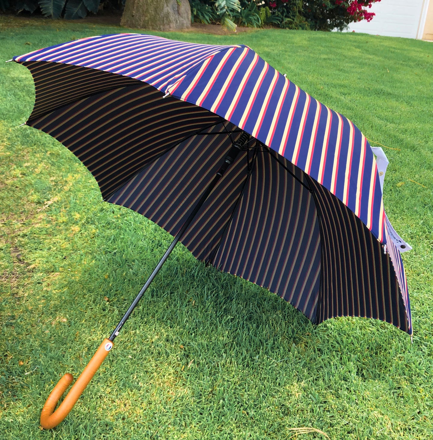 Man Stripes Umbrella Hazelnut Handle | Everyday Luxury Made in France | Free Shipping