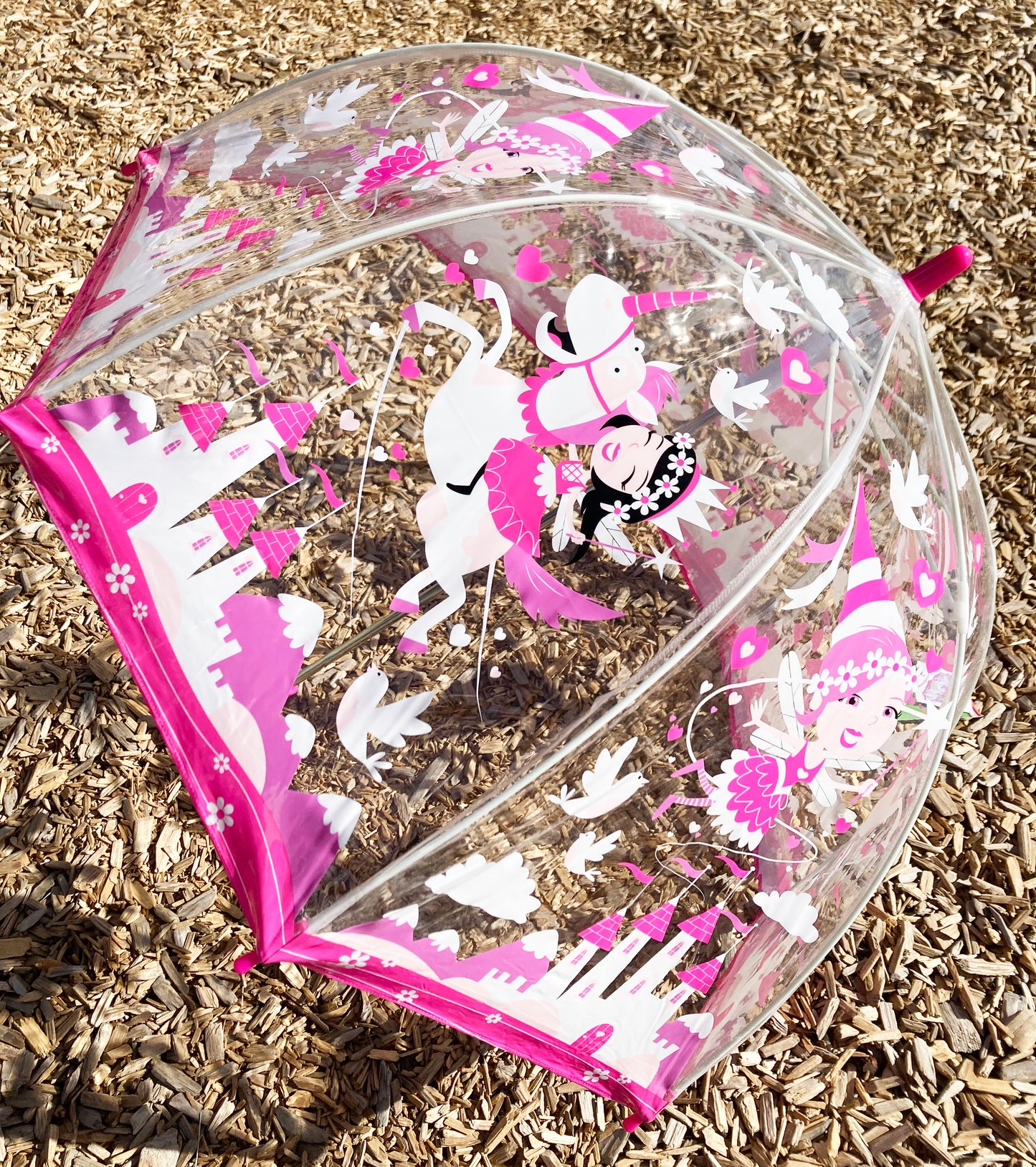 Bugzz® Clear Unicorn and Fairies Umbrella | Girl Pink Bubble Rain Accessory | Flexible Fiberglass Ribs