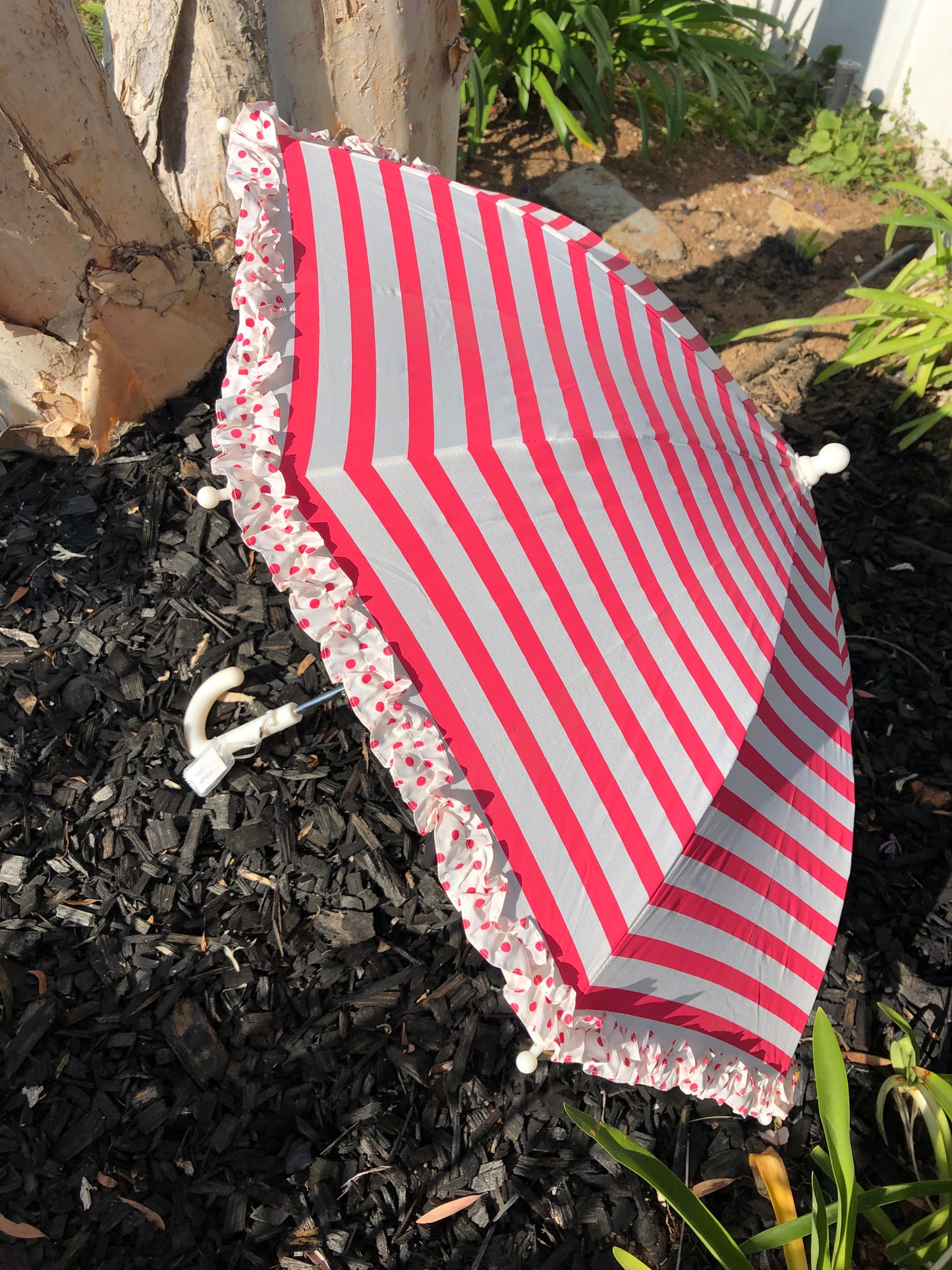 Strong Lisbeth Dahl Umbrella for Girl | Pink Stripes and Polka Dots Ruffles | Designer Accessory for Rain and Sun