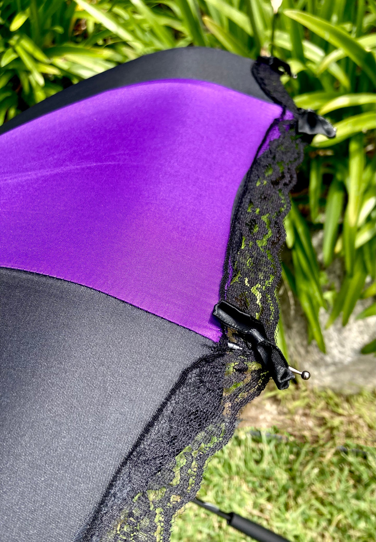 Purple Black Pagoda Umbrella | Lace and Bows Trim | Everyday Fashion Gift