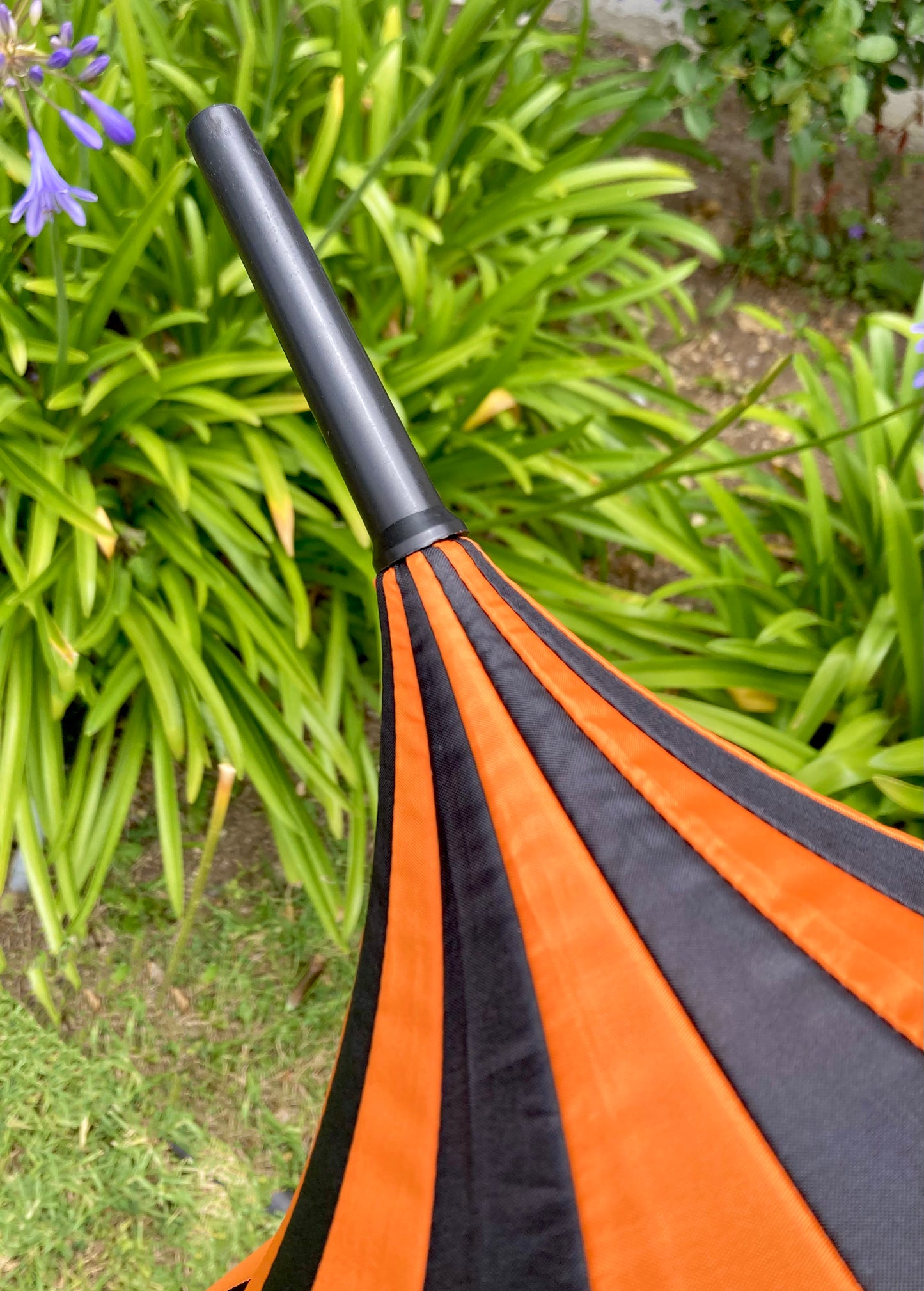 16 Panels Orange and Black Pagoda Umbrella | Ribbons and Lace Trim | Stylish Handle