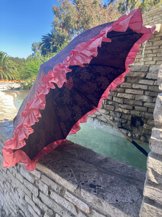 Dusty Pink Jacquard Umbrella | Twisted Black Leather Handle | Free Shipping