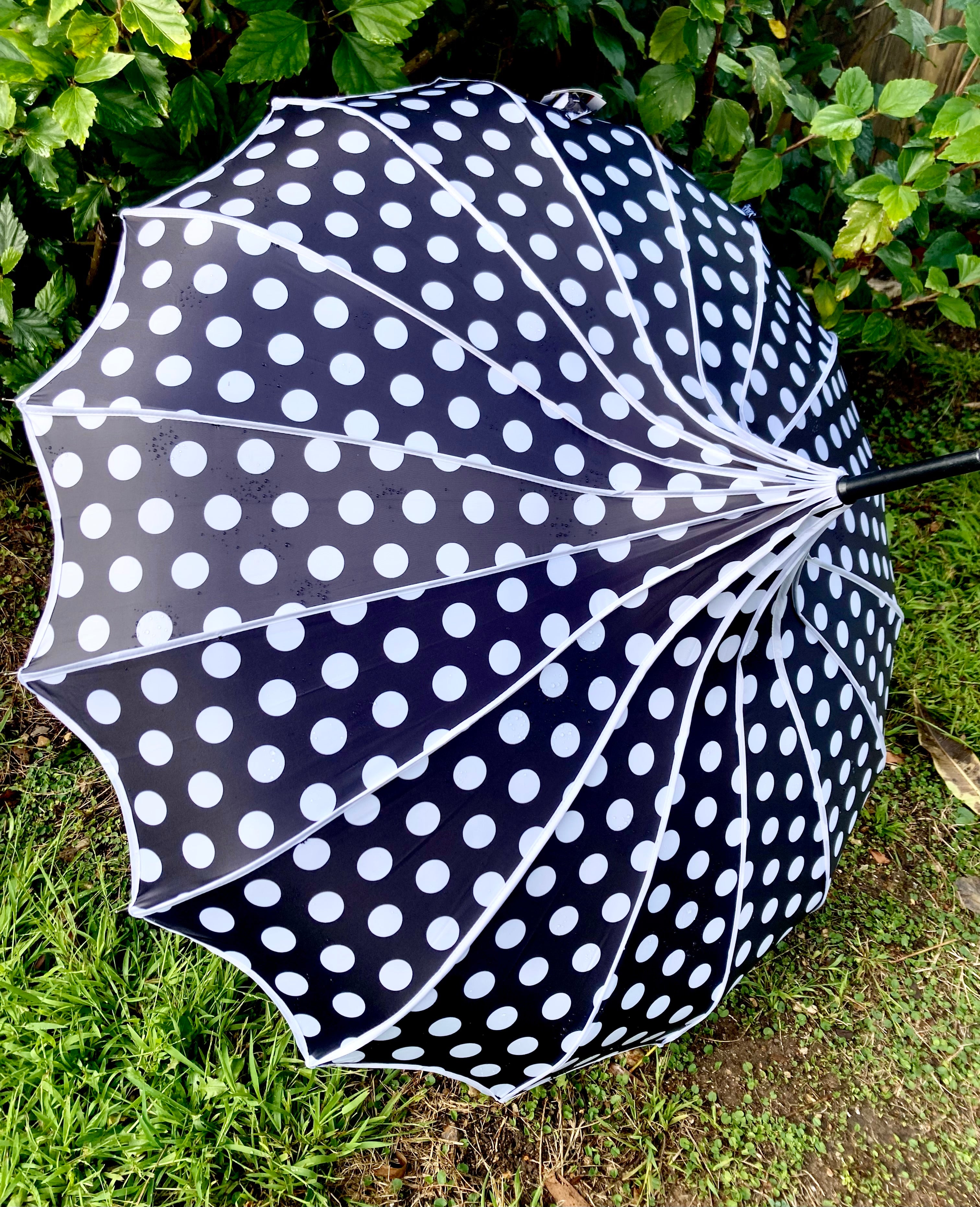 Black Polka Dot Ribbed Pagoda Umbrella