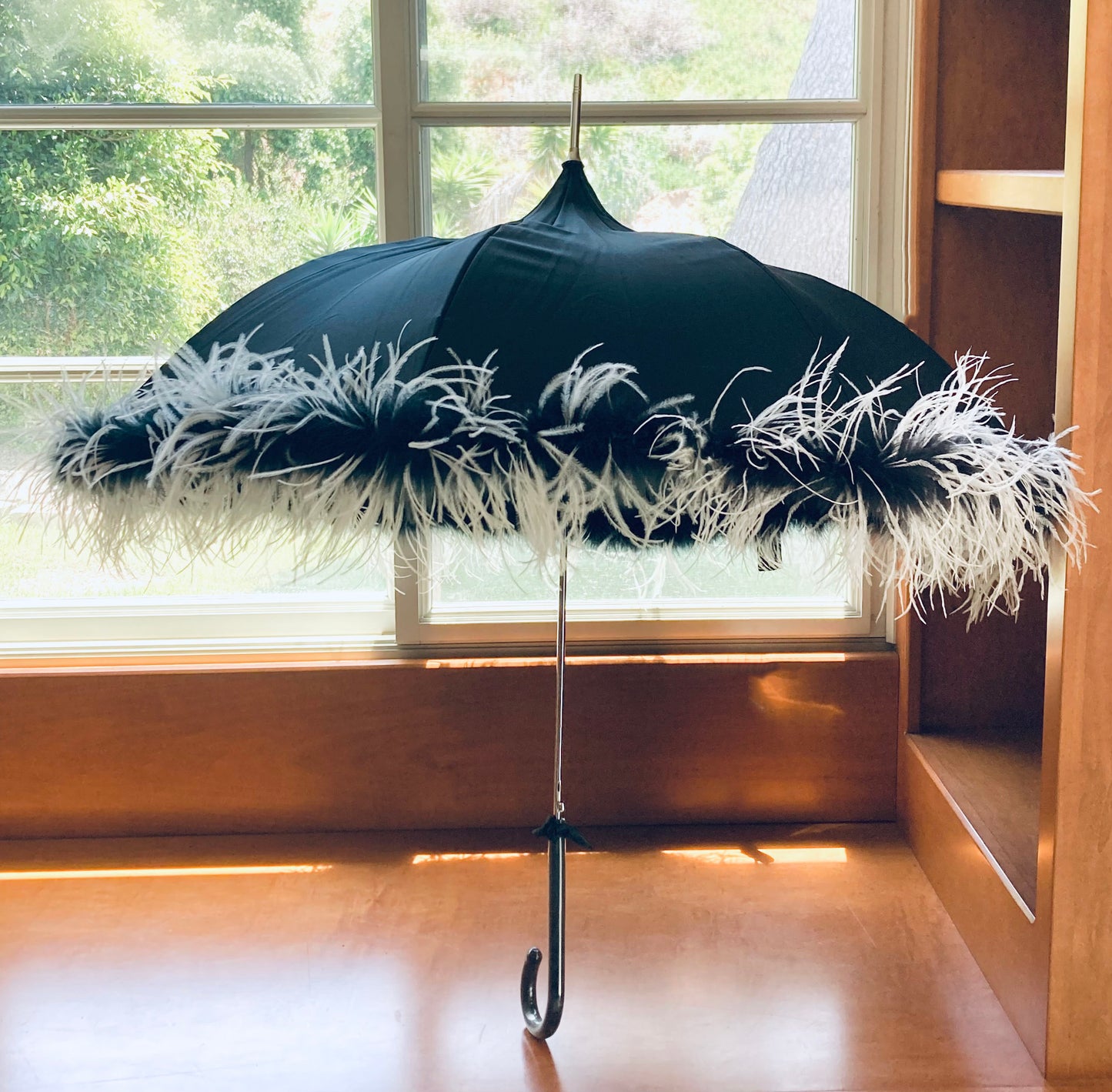 Rare Shaggy Parasol with Sewn on Marabou and Ostrich Trim | Handmade Invisible Stitches