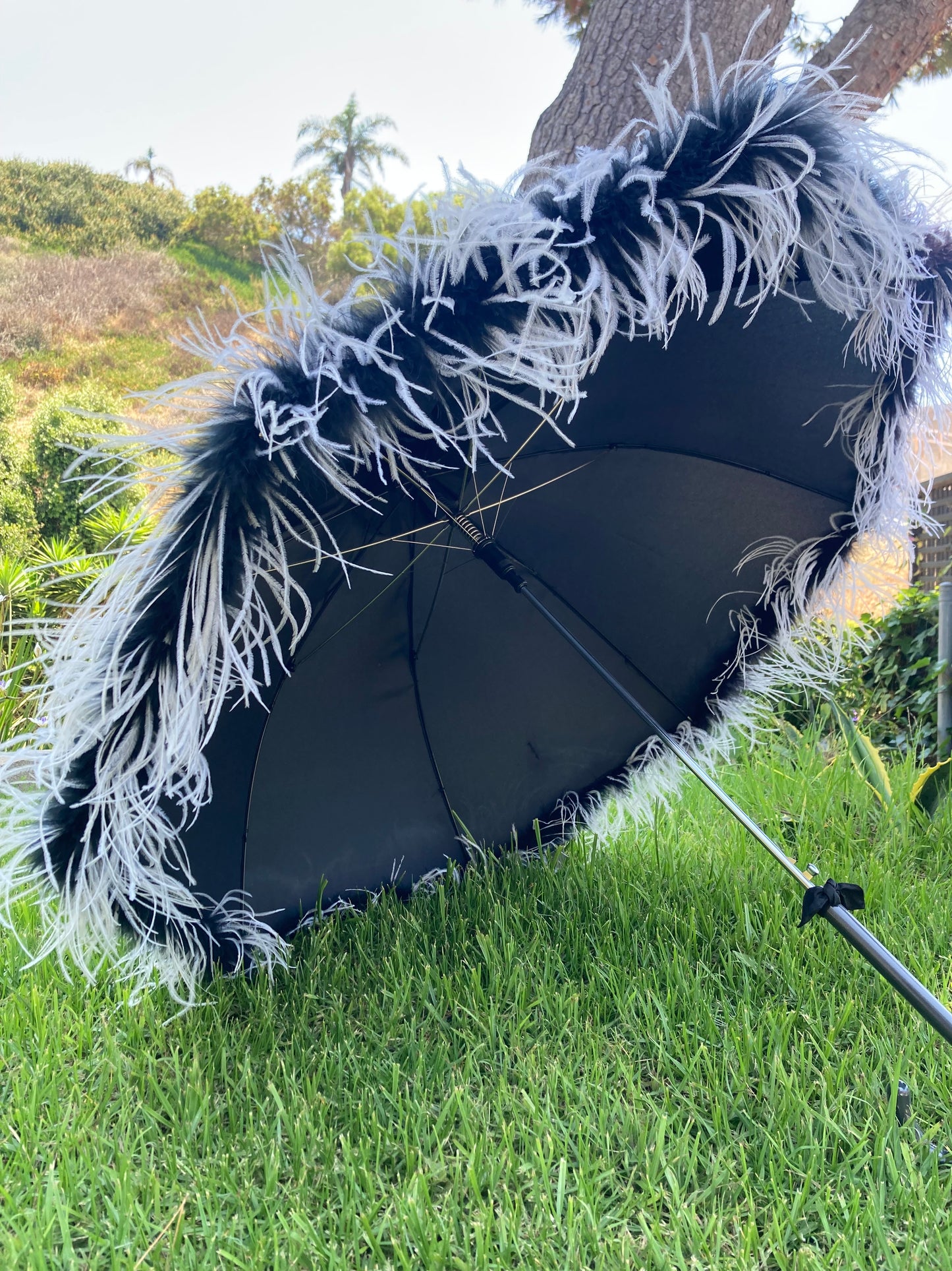 Rare Shaggy Parasol with Sewn on Marabou and Ostrich Trim | Handmade Invisible Stitches