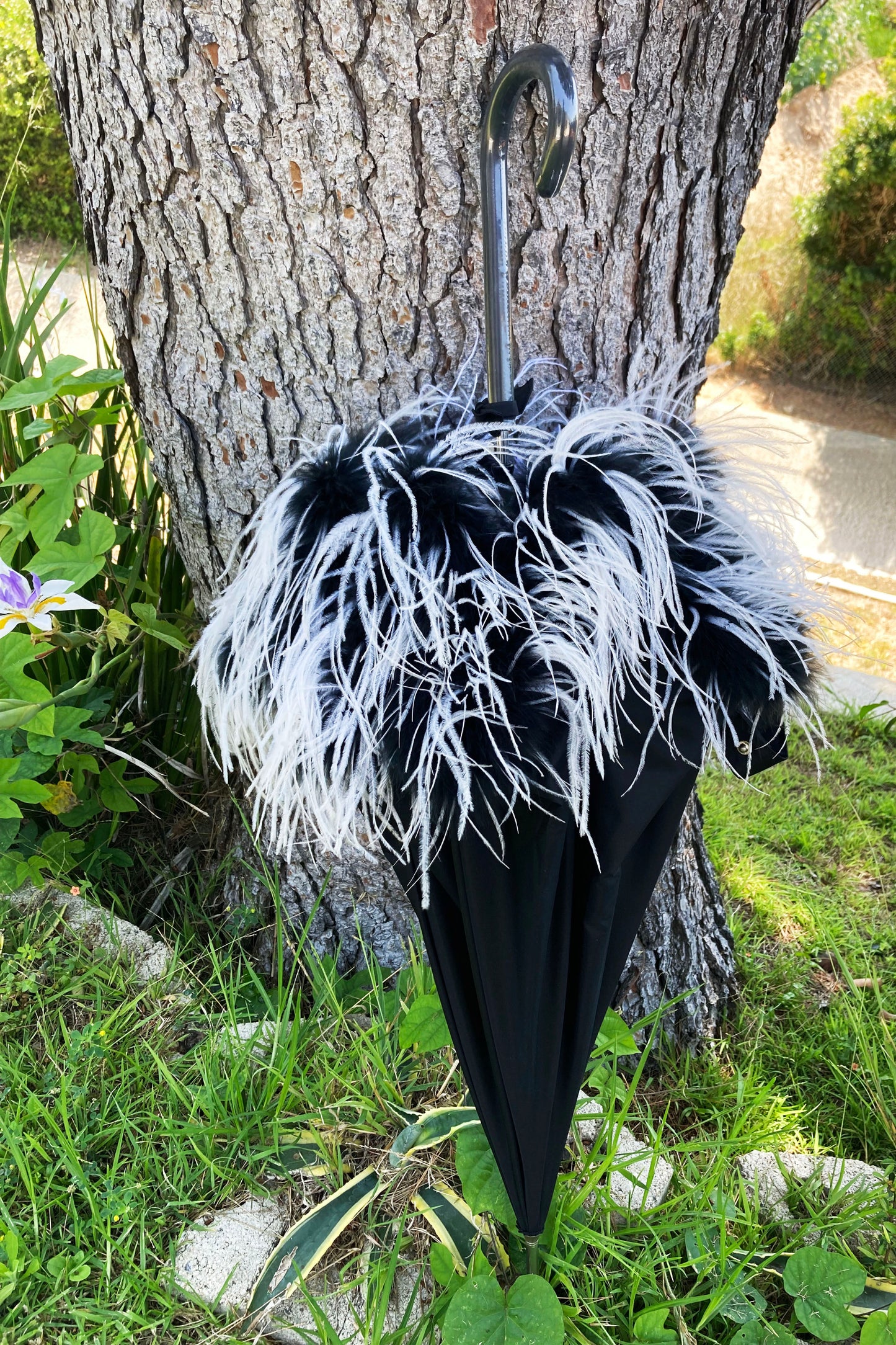 Rare Shaggy Parasol with Sewn on Marabou and Ostrich Trim | Handmade Invisible Stitches