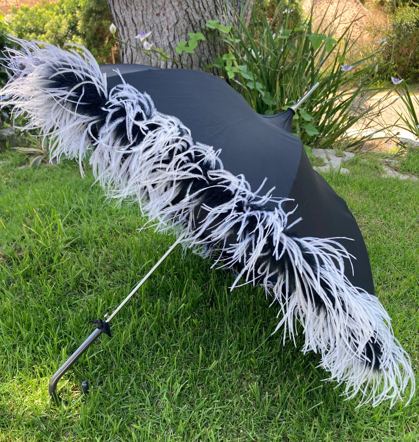 Rare Shaggy Parasol with Sewn on Marabou and Ostrich Trim | Handmade Invisible Stitches