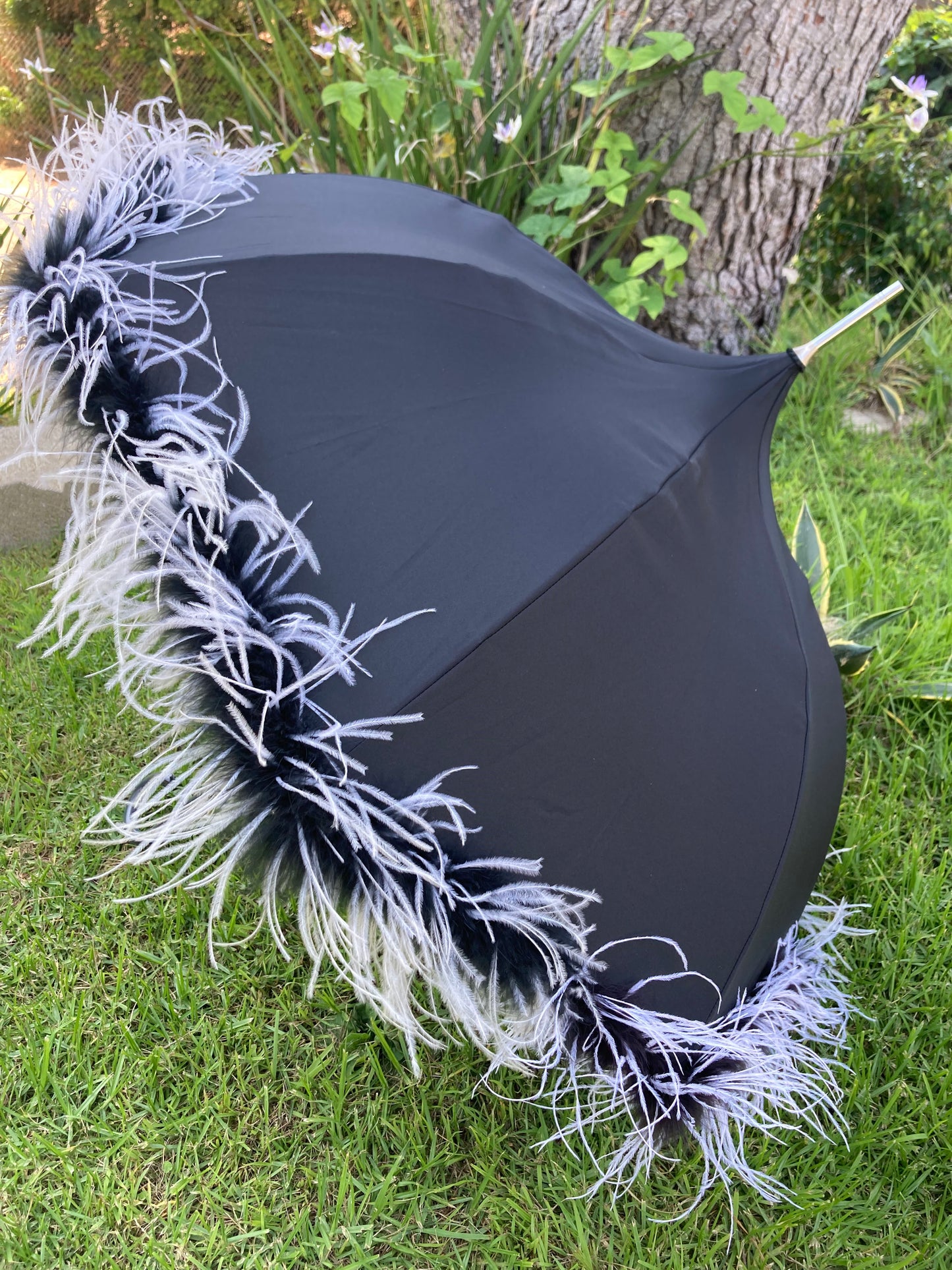 Rare Shaggy Parasol with Sewn on Marabou and Ostrich Trim | Handmade Invisible Stitches