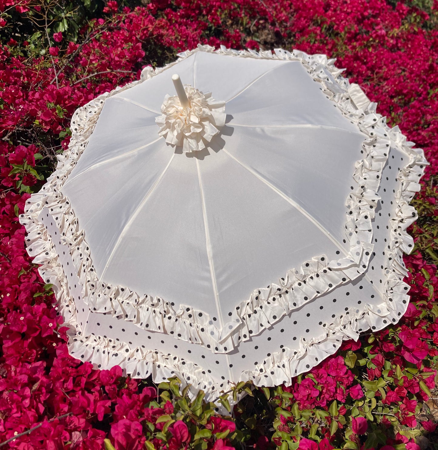 Double Frill Cream Umbrella with Polka Dots | Cream Ruffle Topper | Pagoda Shape