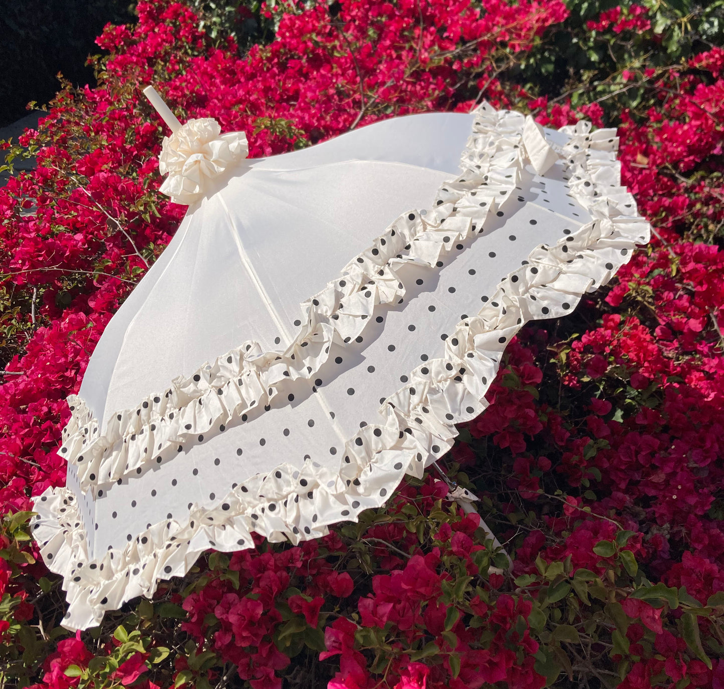 Double Frill Cream Umbrella with Polka Dots | Cream Ruffle Topper | Pagoda Shape