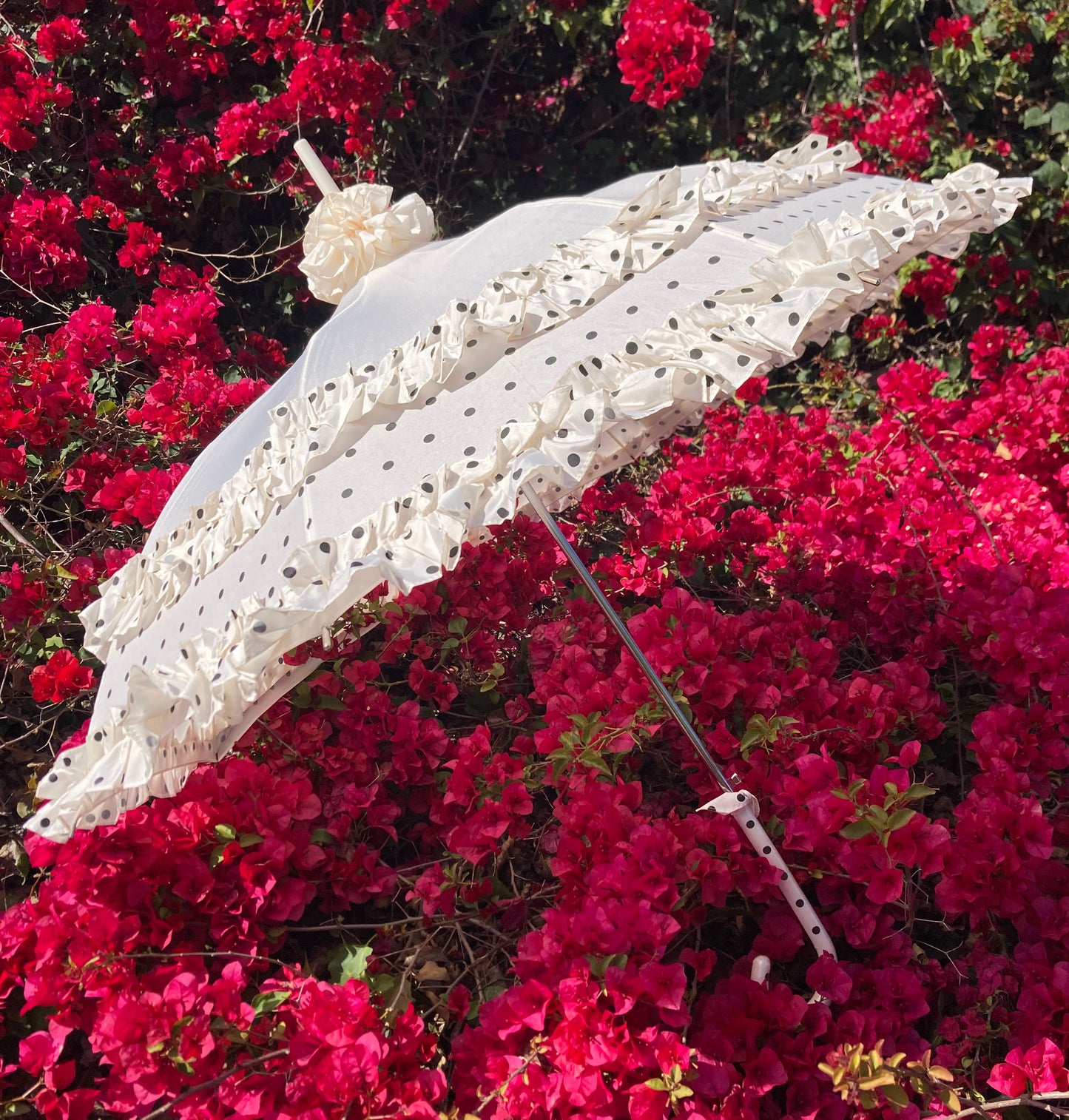 Double Frill Cream Umbrella with Polka Dots | Cream Ruffle Topper | Pagoda Shape