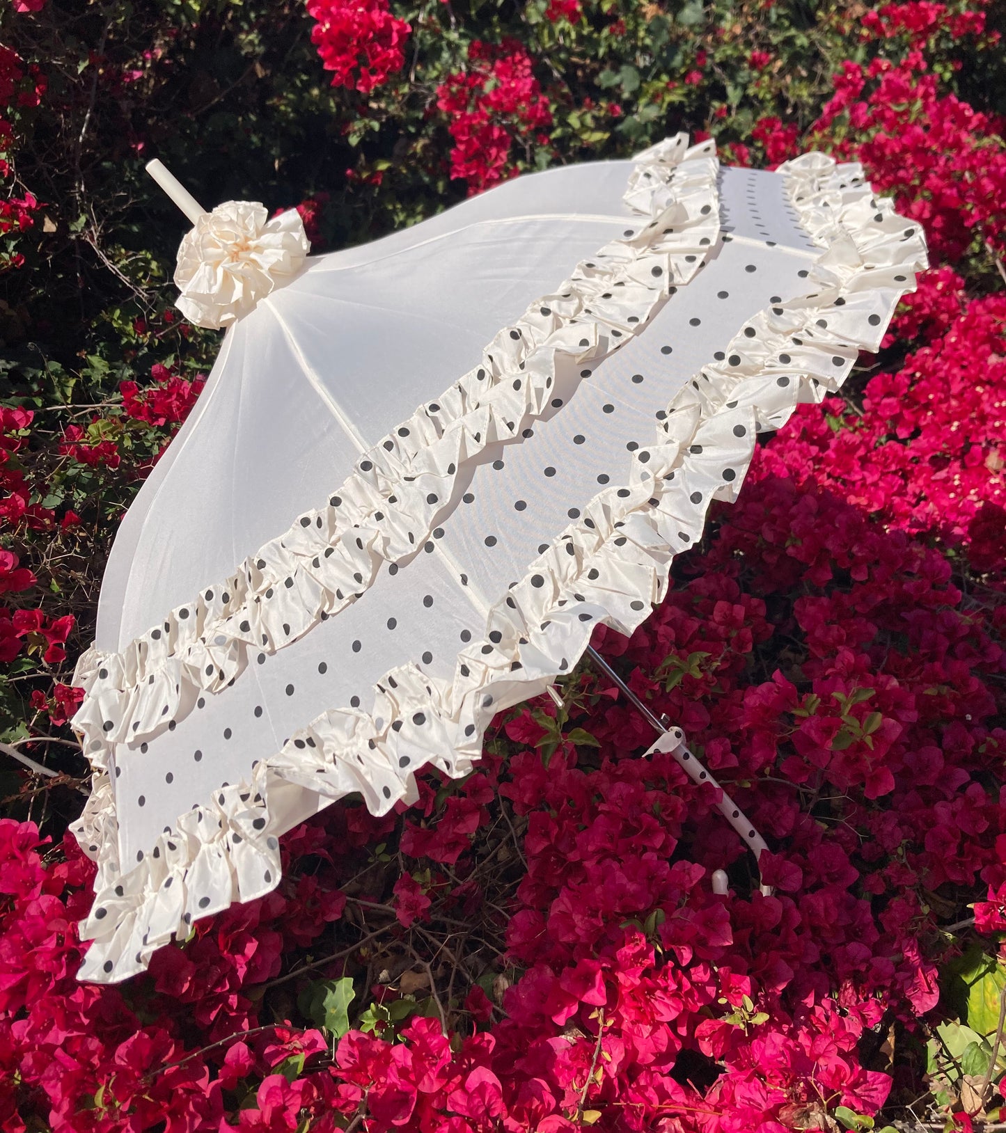 Double Frill Cream Umbrella with Polka Dots | Cream Ruffle Topper | Pagoda Shape
