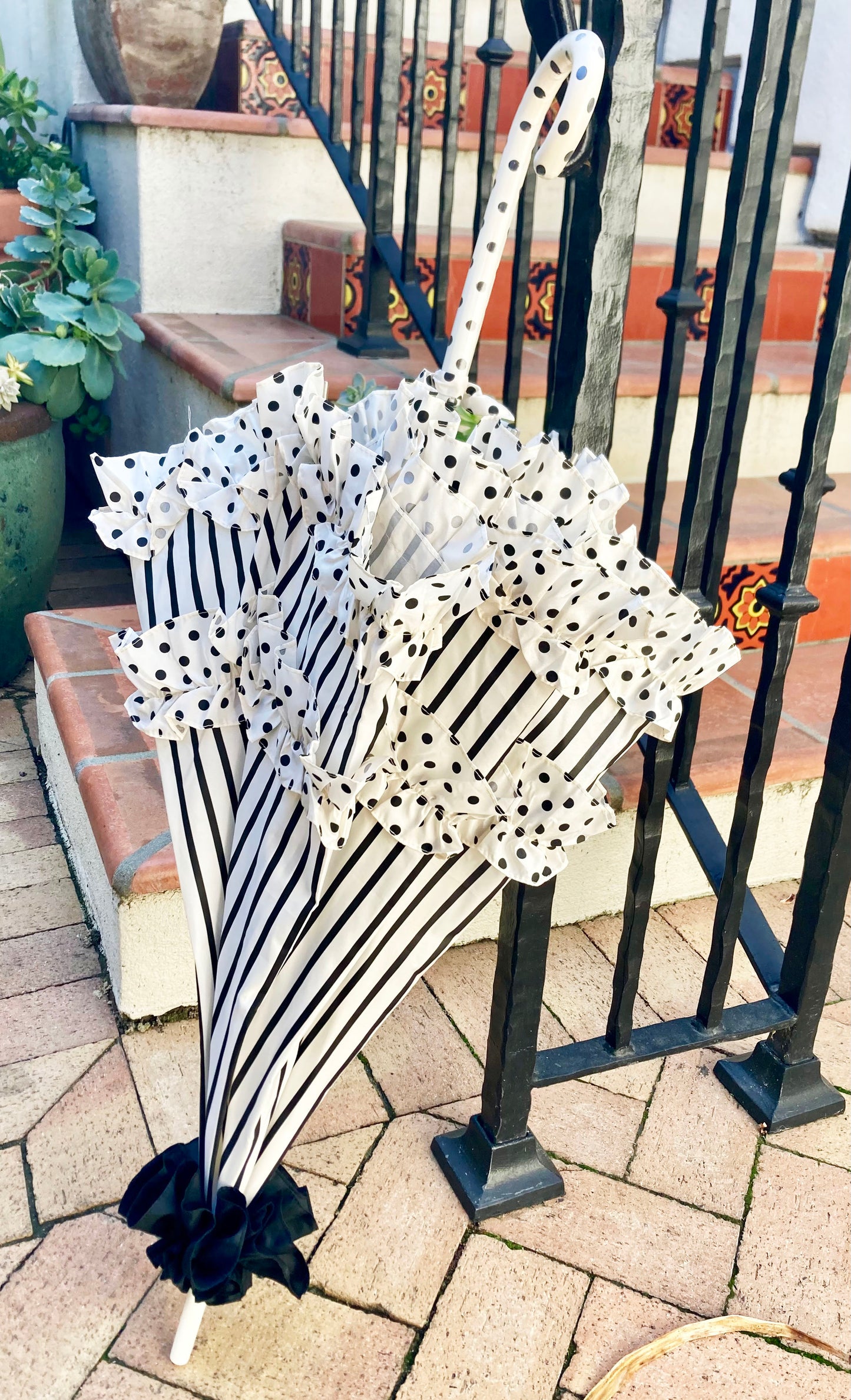 Stripes and Dots Double Frill Umbrella | Cream Black Polka Dots Topper | Auto Open