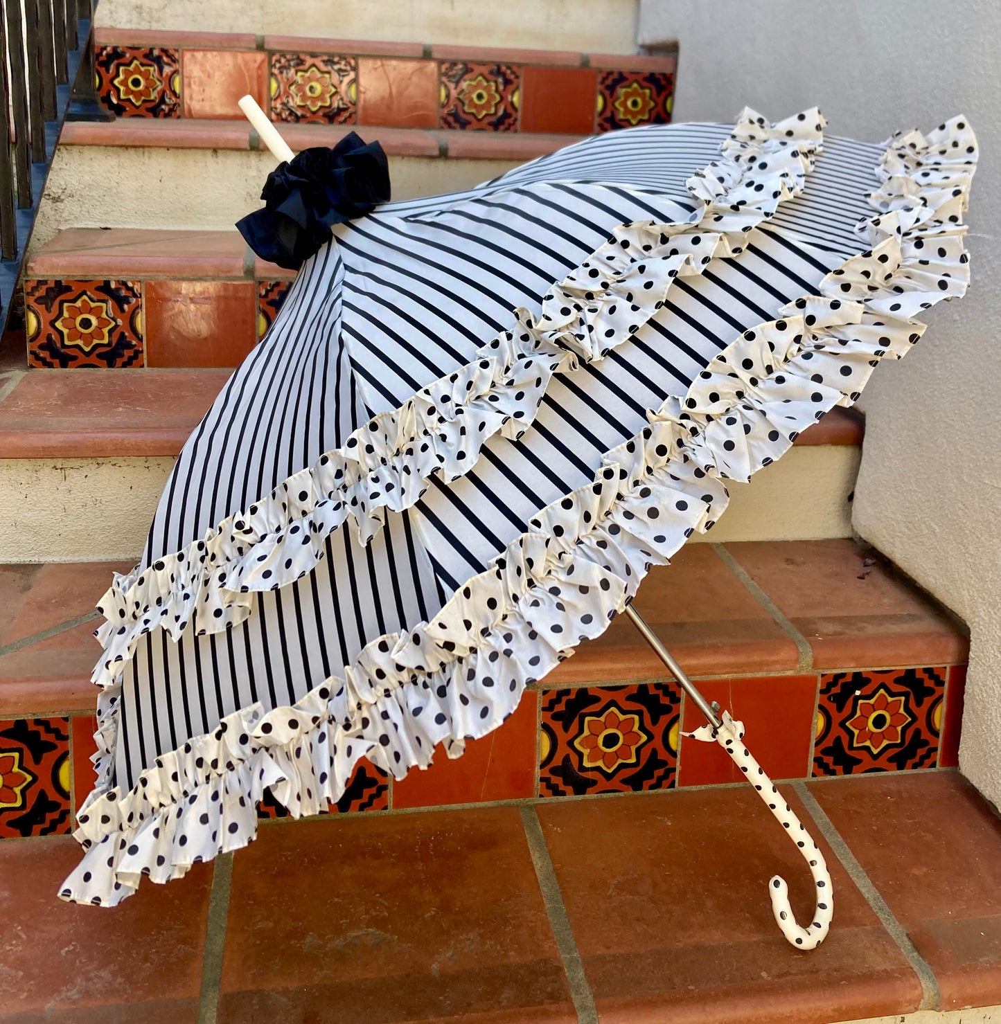 Stripes and Dots Double Frill Umbrella | Cream Black Polka Dots Topper | Auto Open