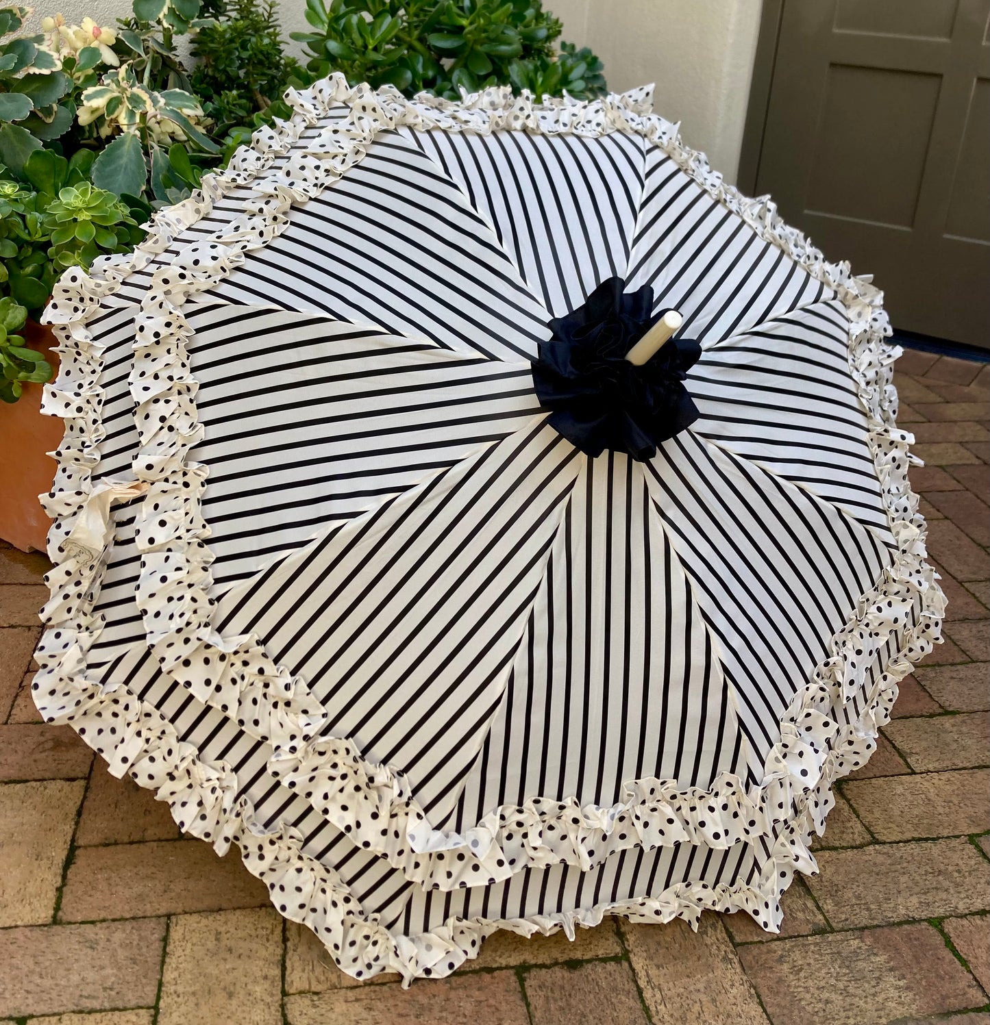 Stripes and Dots Double Frill Umbrella | Cream Black Polka Dots Topper | Auto Open