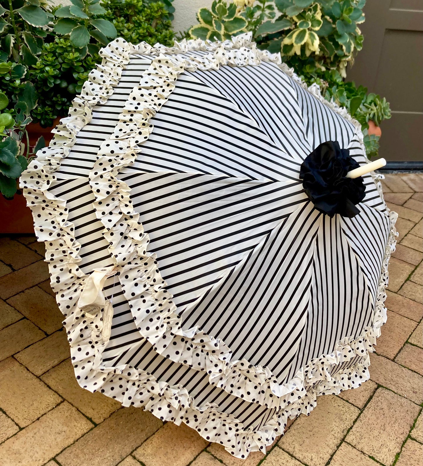 Stripes and Dots Double Frill Umbrella | Cream Black Polka Dots Topper | Auto Open