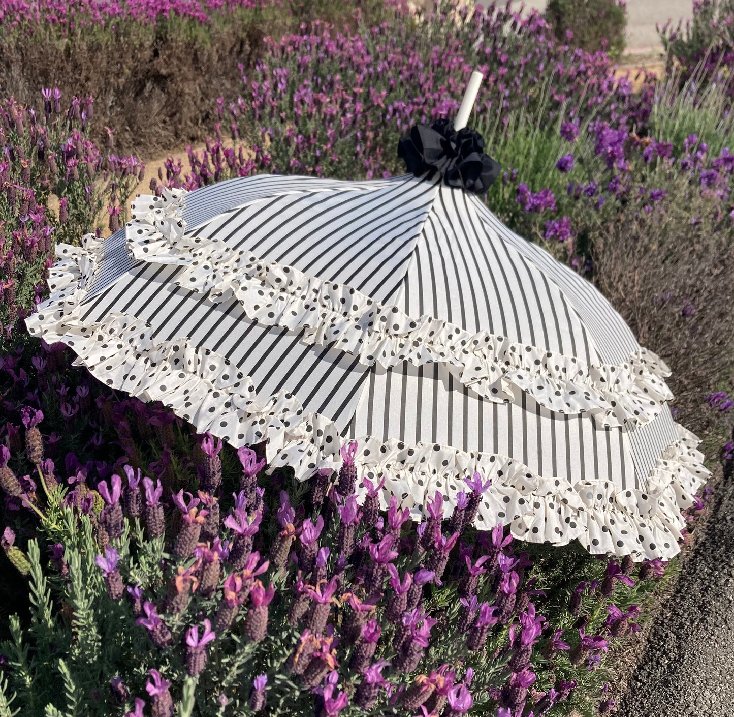 Stripes and Dots Double Frill Umbrella | Cream Black Polka Dots Topper | Auto Open