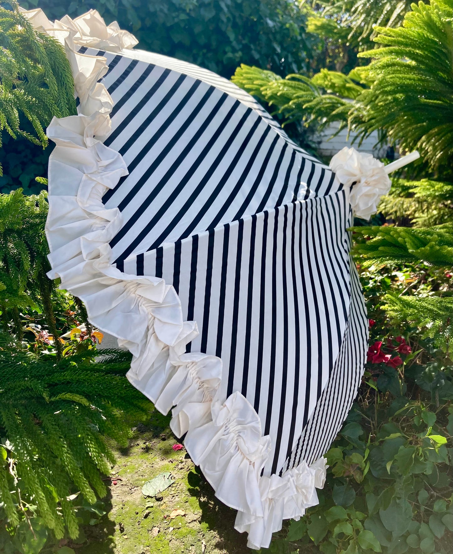Stripes and Ruffles Umbrella | Cream Ruffle Topper | Fabric Cover Handle